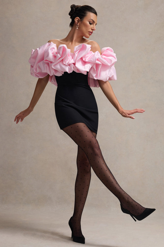 Macaron Black Bardot Mini Dress With Pink Ruffle Trim Club L London - USA Macaron Black Bardot Mini Dress With Pink Ruffle Trim Club L London - USA