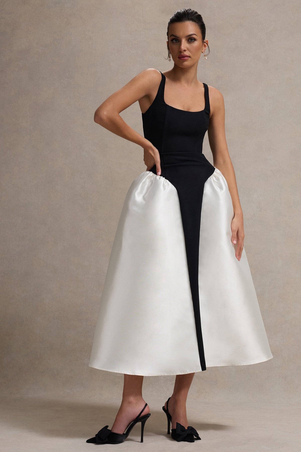 Christie Black and Cream Scoop-Neck Midi Dress With Volume Skirt Club L London - USA Christie Black and Cream Scoop-Neck Midi Dress With Volume Skirt Club L London - USA