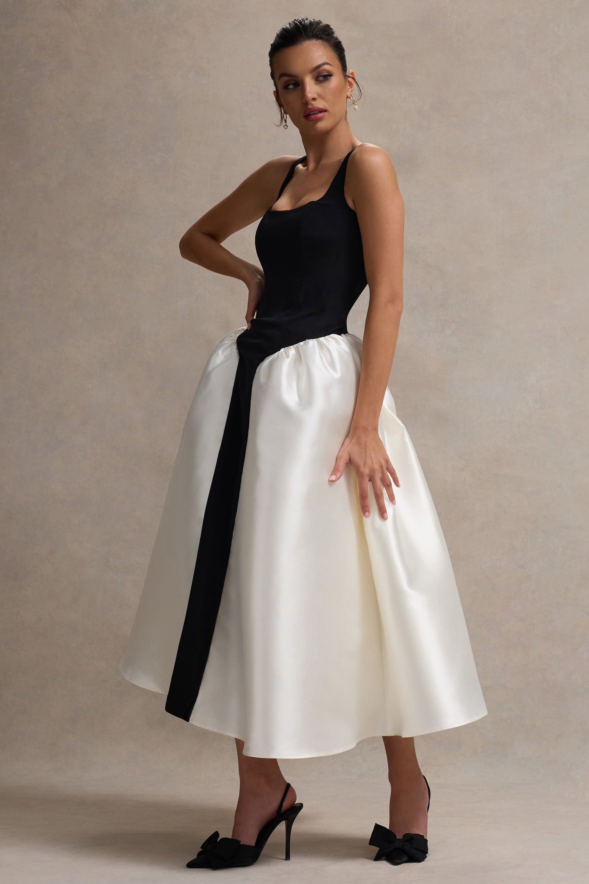 Christie | Black and Cream Scoop-Neck Midi Dress With Volume Skirt - Club L London - USA