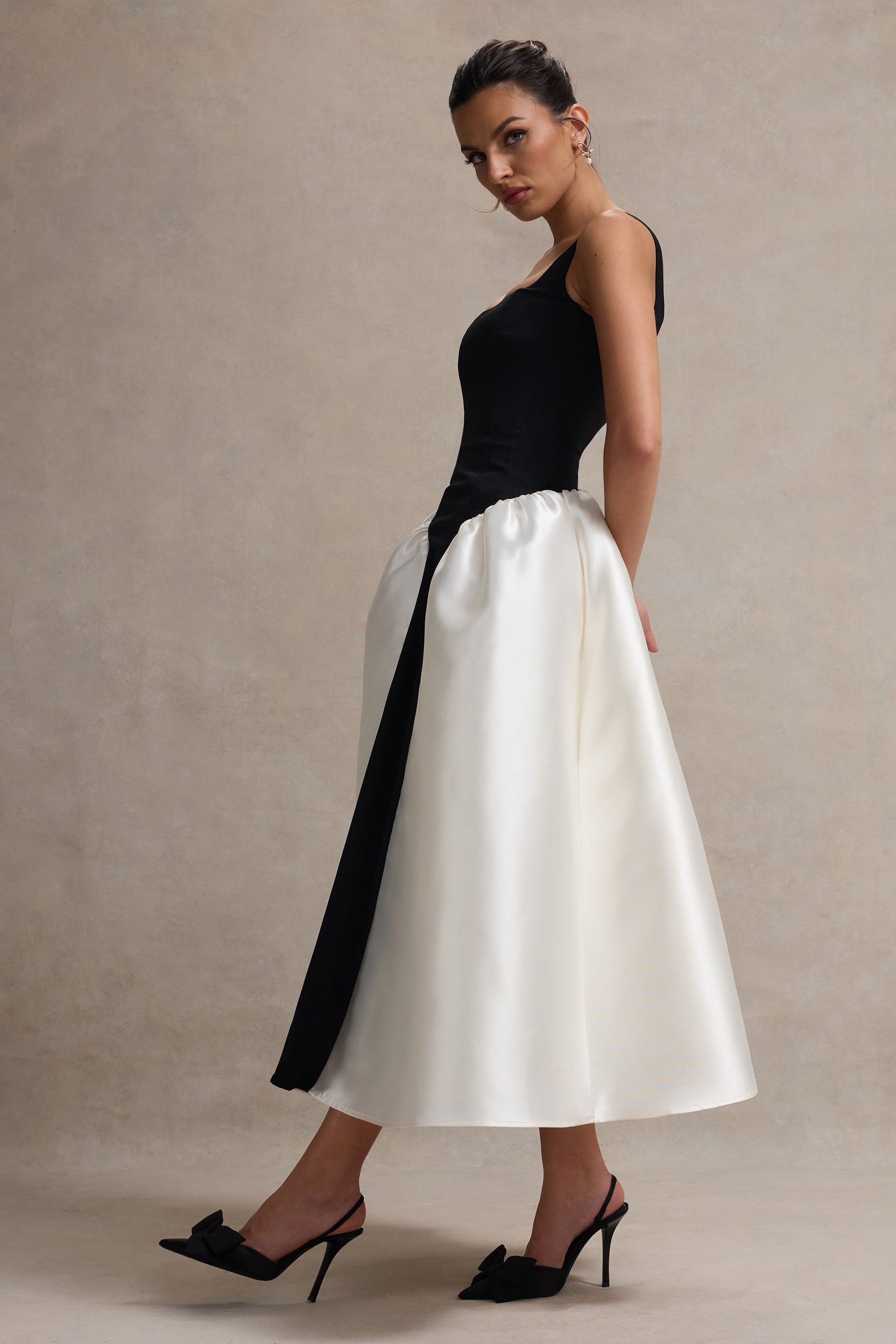 Christie | Black and Cream Scoop-Neck Midi Dress With Volume Skirt - Club L London - USA
