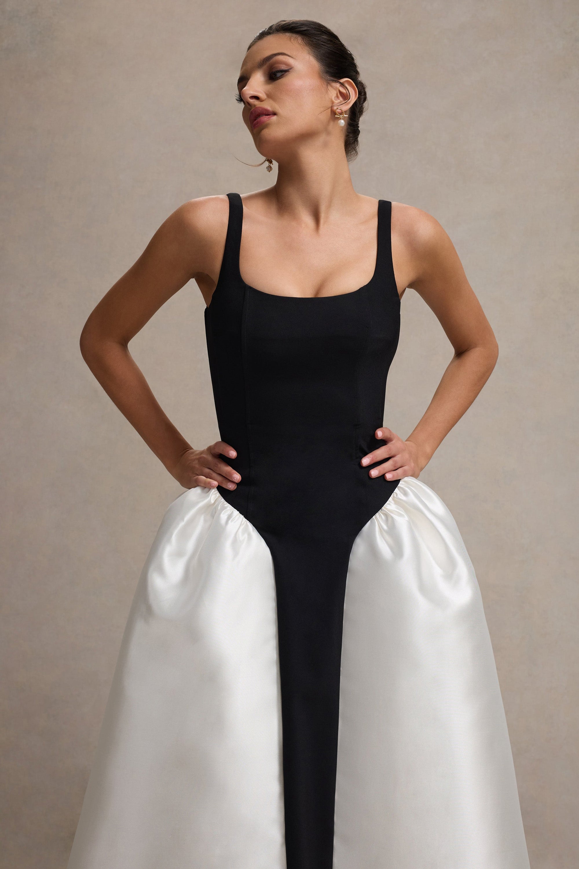 Christie | Black and Cream Scoop-Neck Midi Dress With Volume Skirt - Club L London - USA