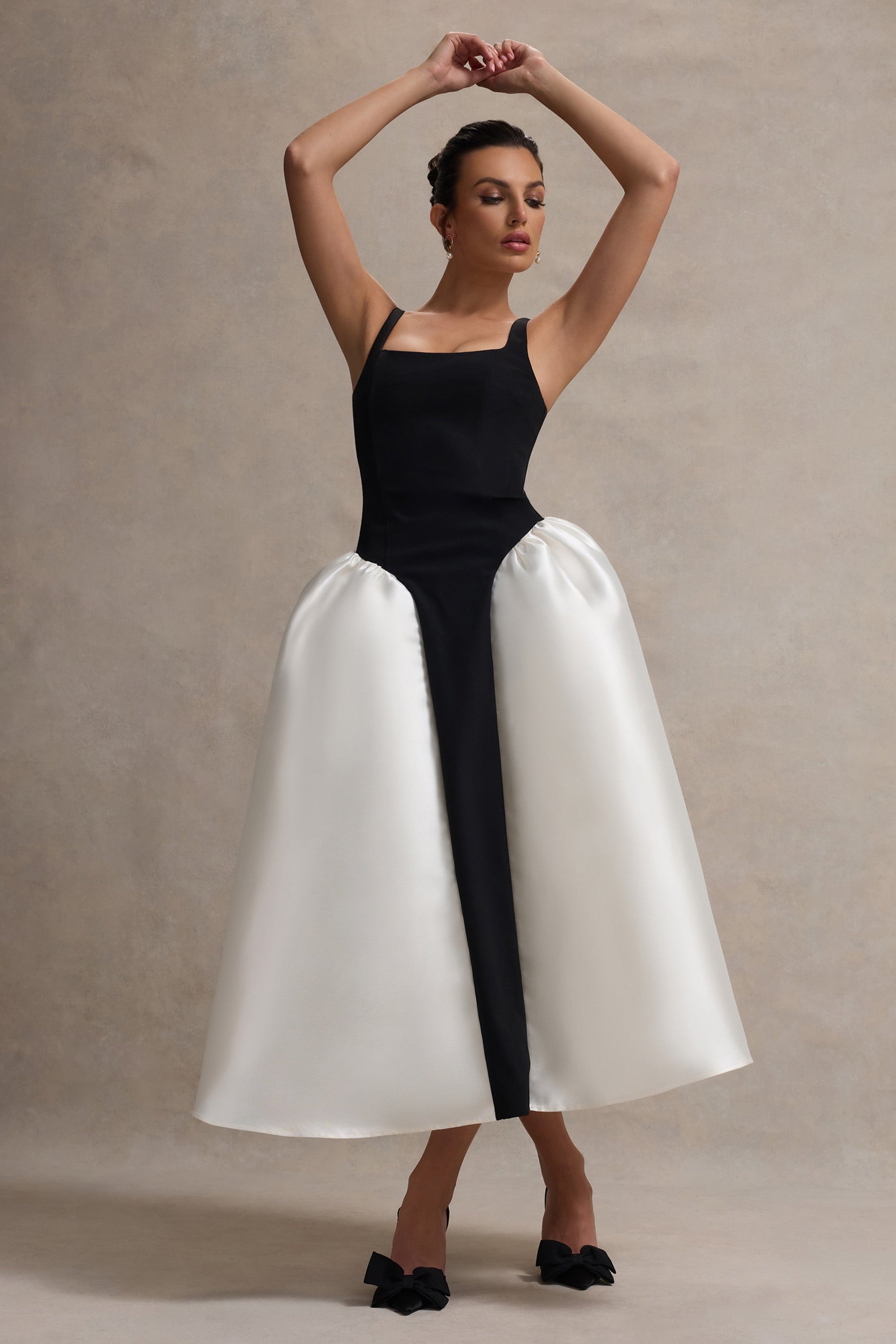 Christie | Black and Cream Scoop-Neck Midi Dress With Volume Skirt - Club L London - USA