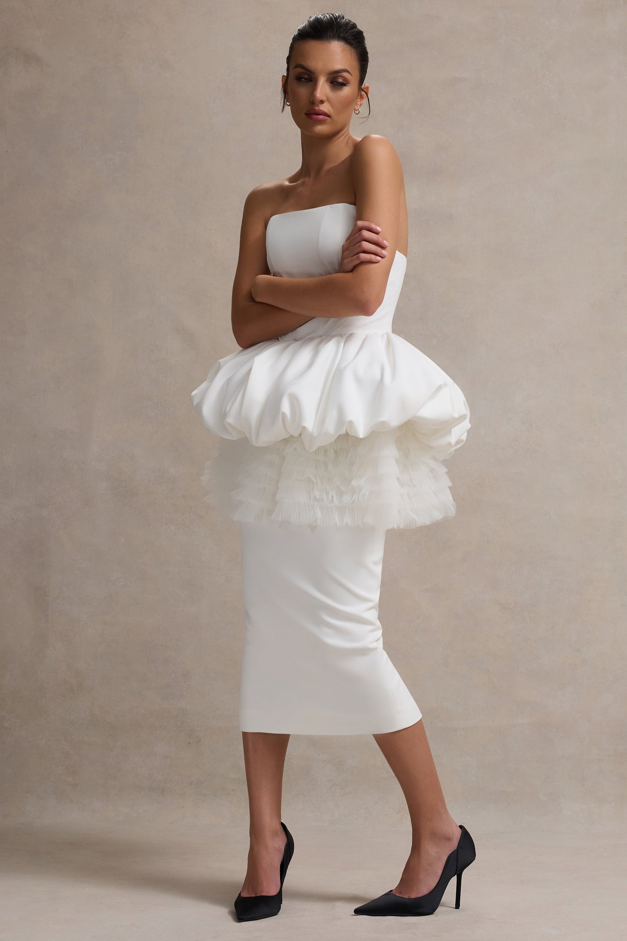 Jones | White Strapless Midi Dress With Tulle Peplum Waist - Club L London - USA