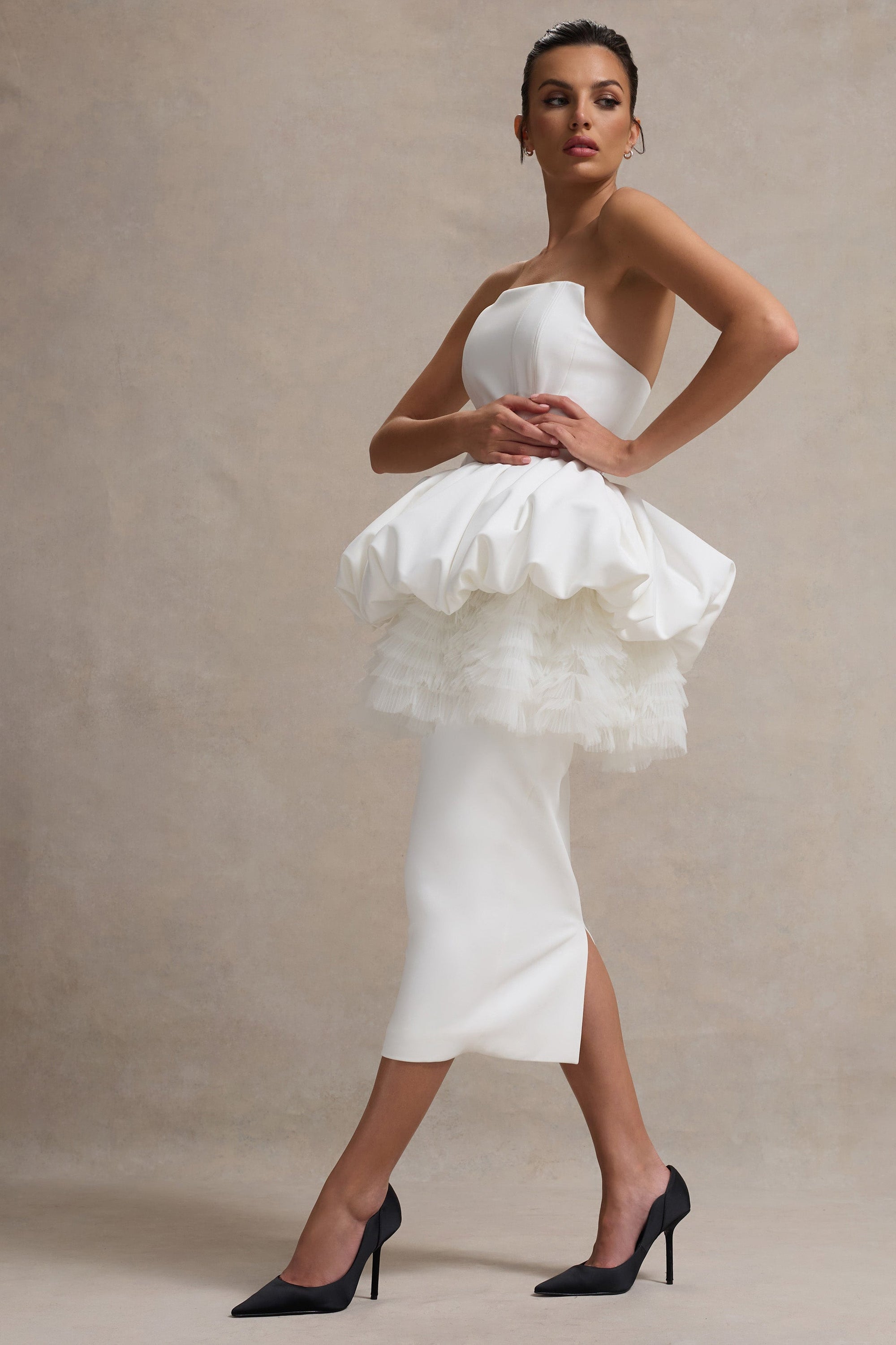 Jones | White Strapless Midi Dress With Tulle Peplum Waist - Club L London - USA