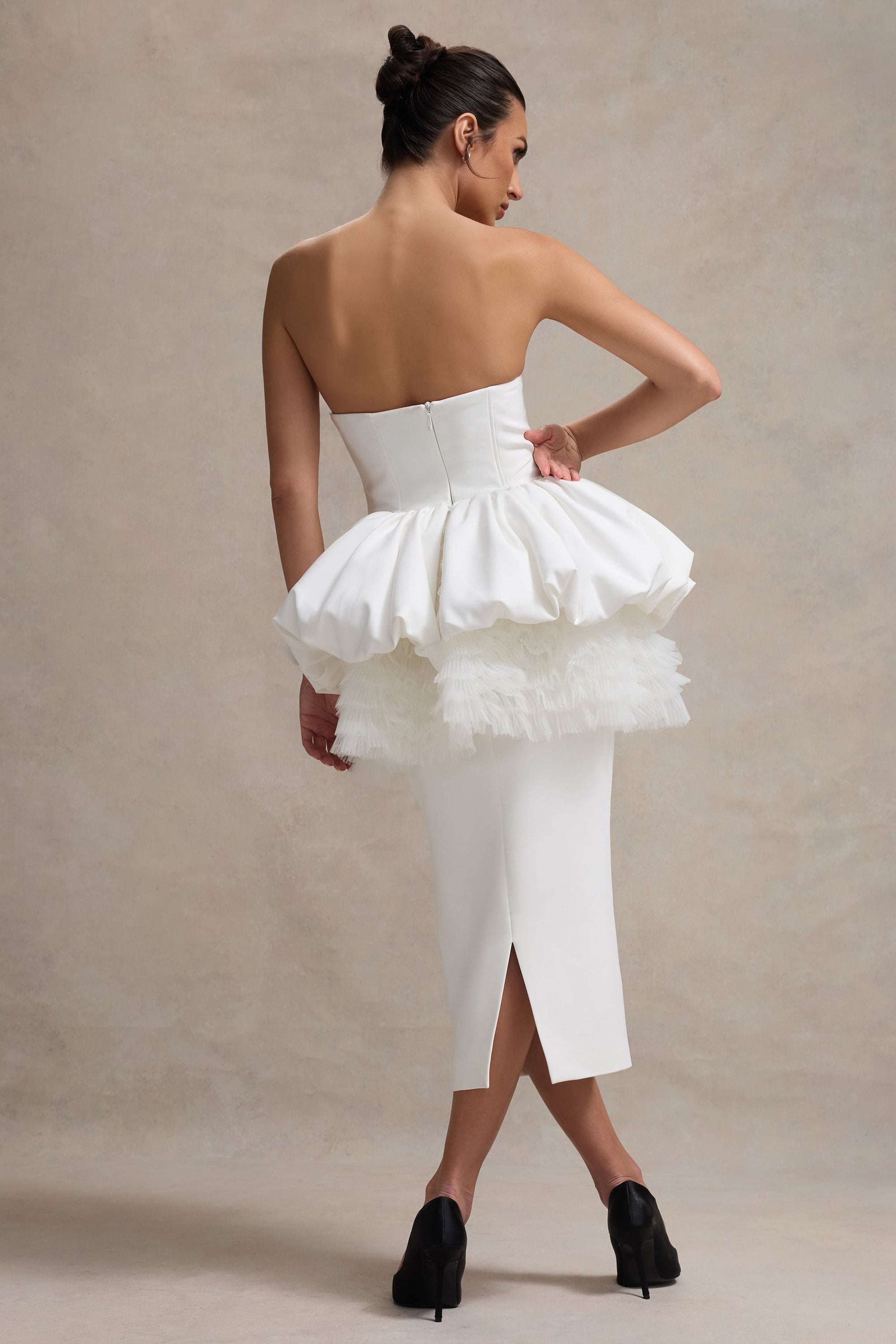 Jones | White Strapless Midi Dress With Tulle Peplum Waist - Club L London - USA