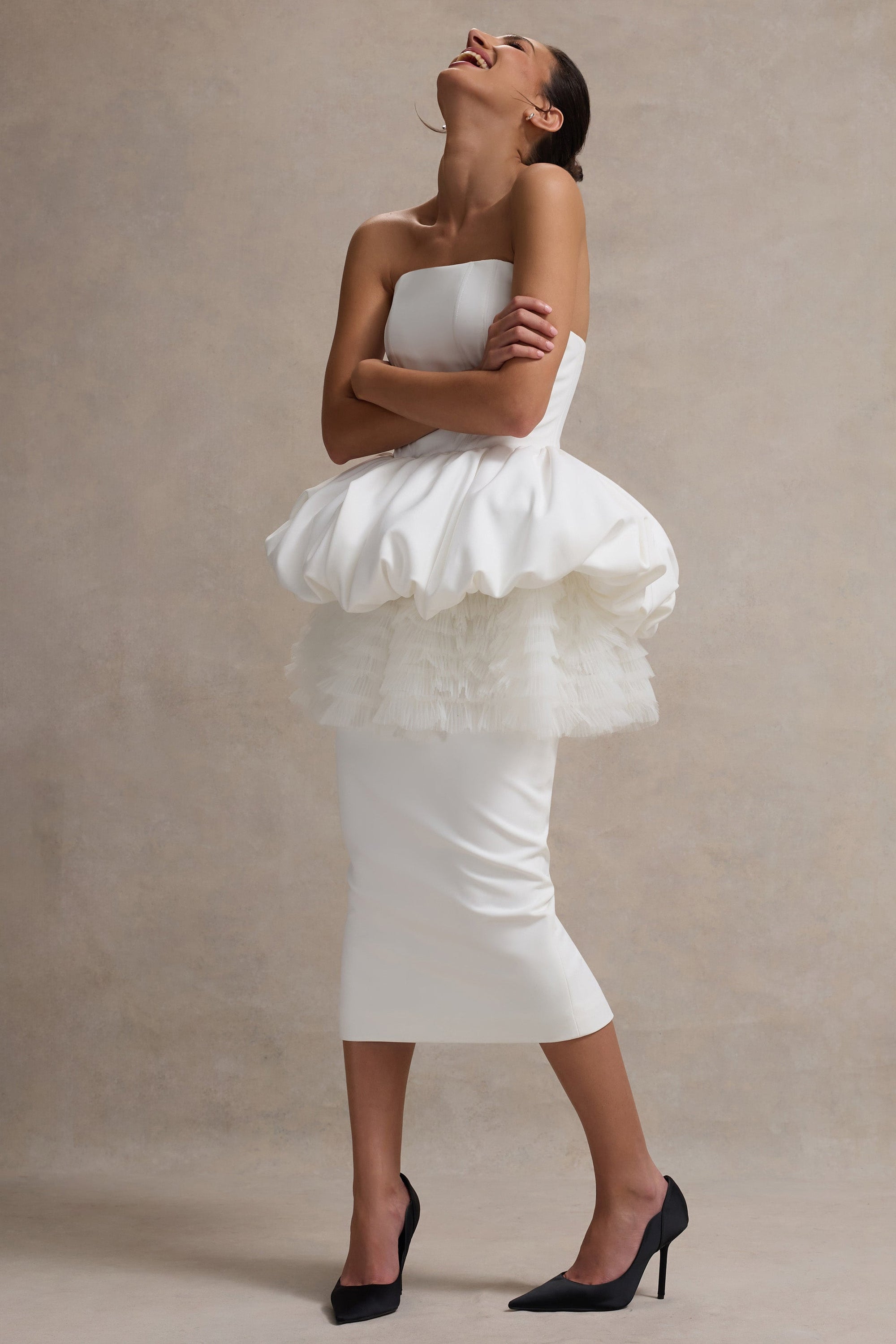 Jones | White Strapless Midi Dress With Tulle Peplum Waist - Club L London - USA