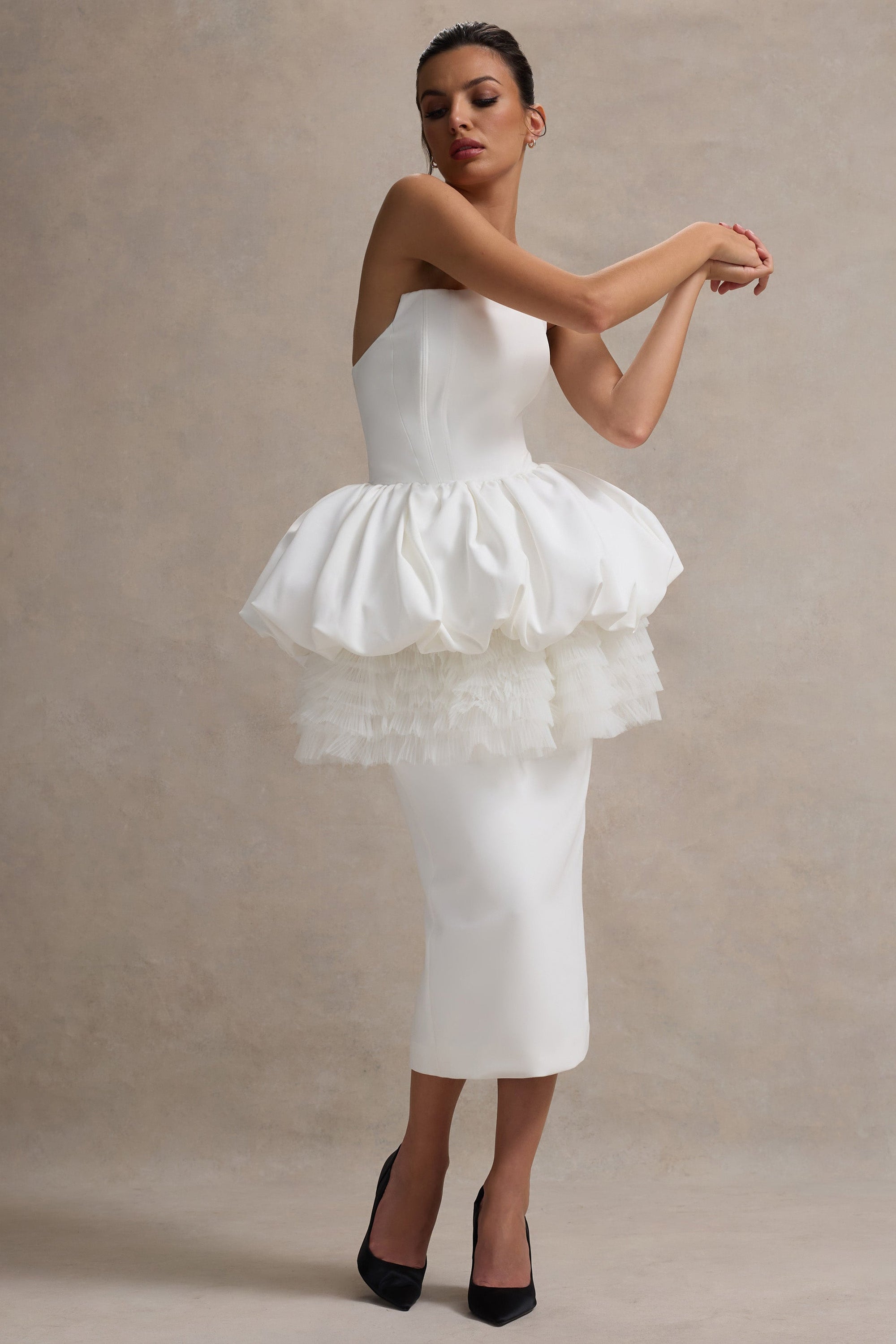 Jones | White Strapless Midi Dress With Tulle Peplum Waist - Club L London - USA