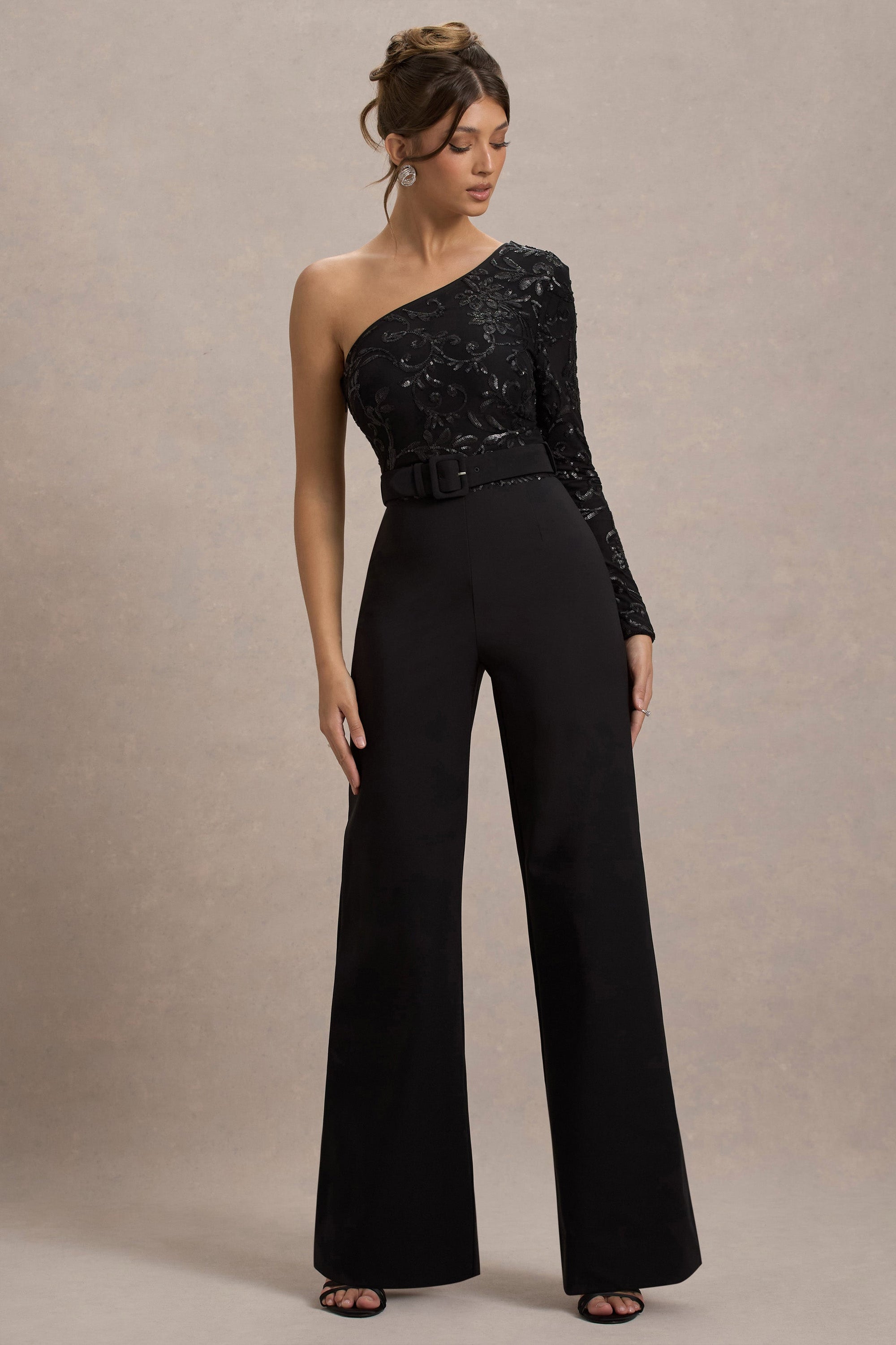 Upgrade | Black Lace Asymmetric Belted Wide-Leg Jumpsuit - Club L London - USA