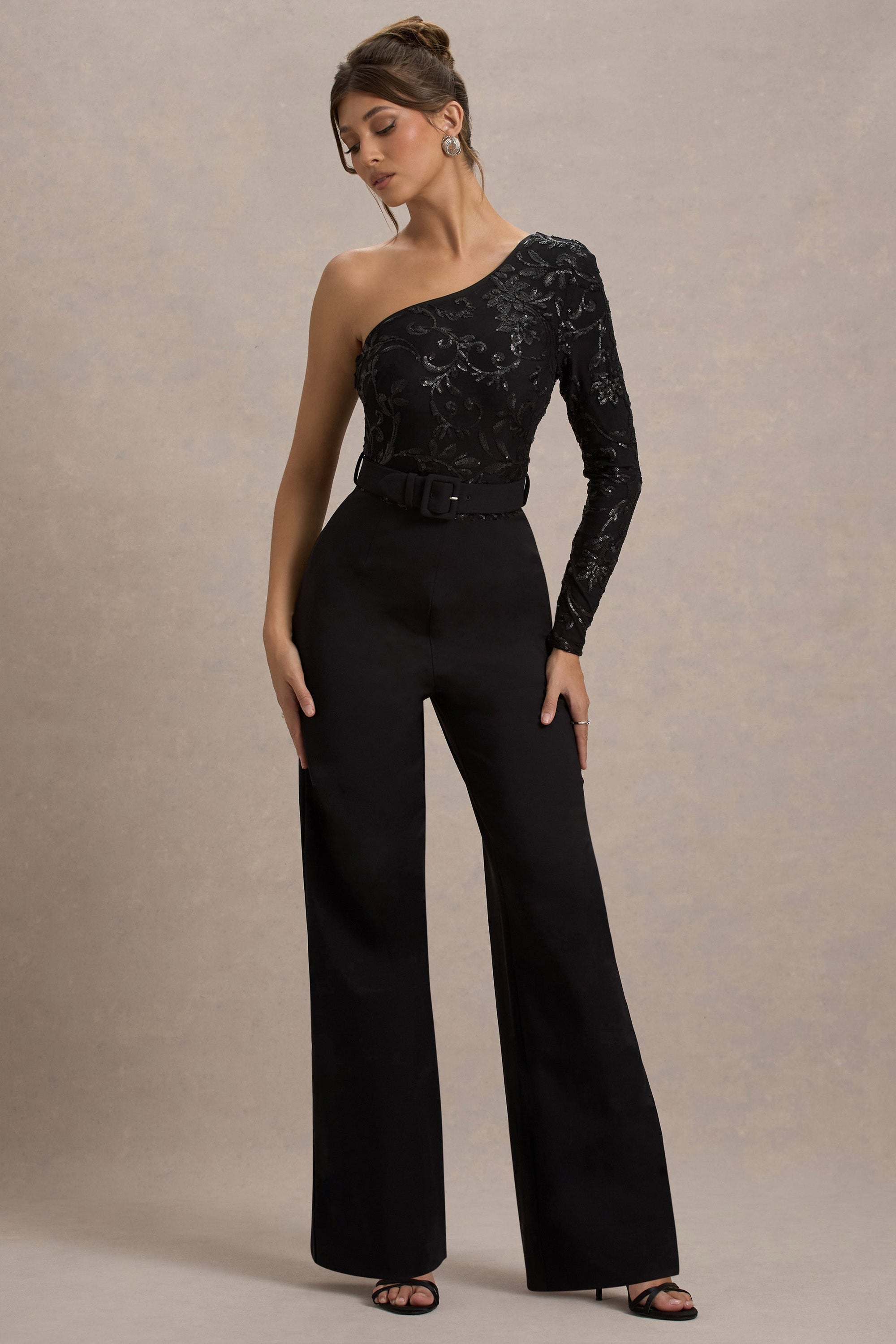 Upgrade | Black Lace Asymmetric Belted Wide-Leg Jumpsuit - Club L London - USA