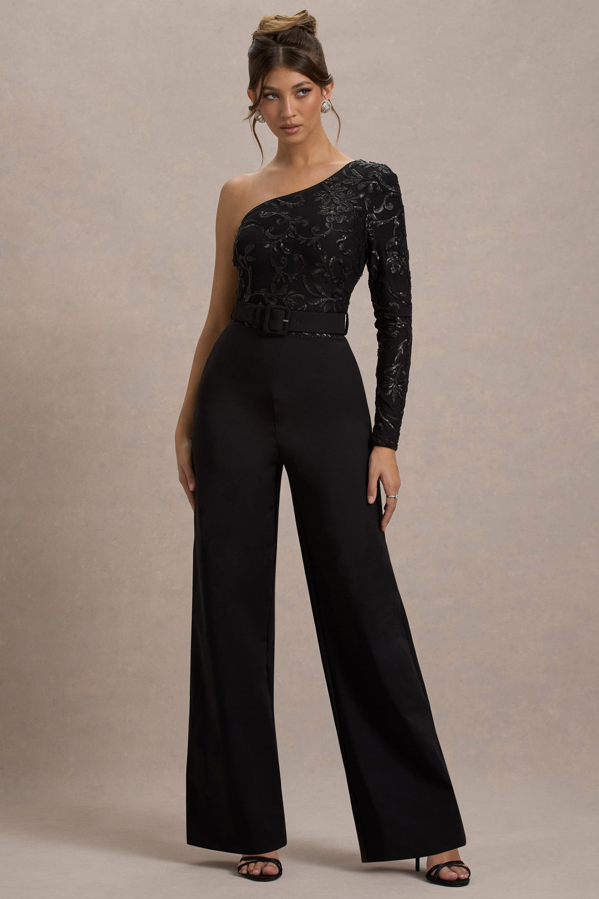 Upgrade | Black Lace Asymmetric Belted Wide-Leg Jumpsuit - Club L London - USA