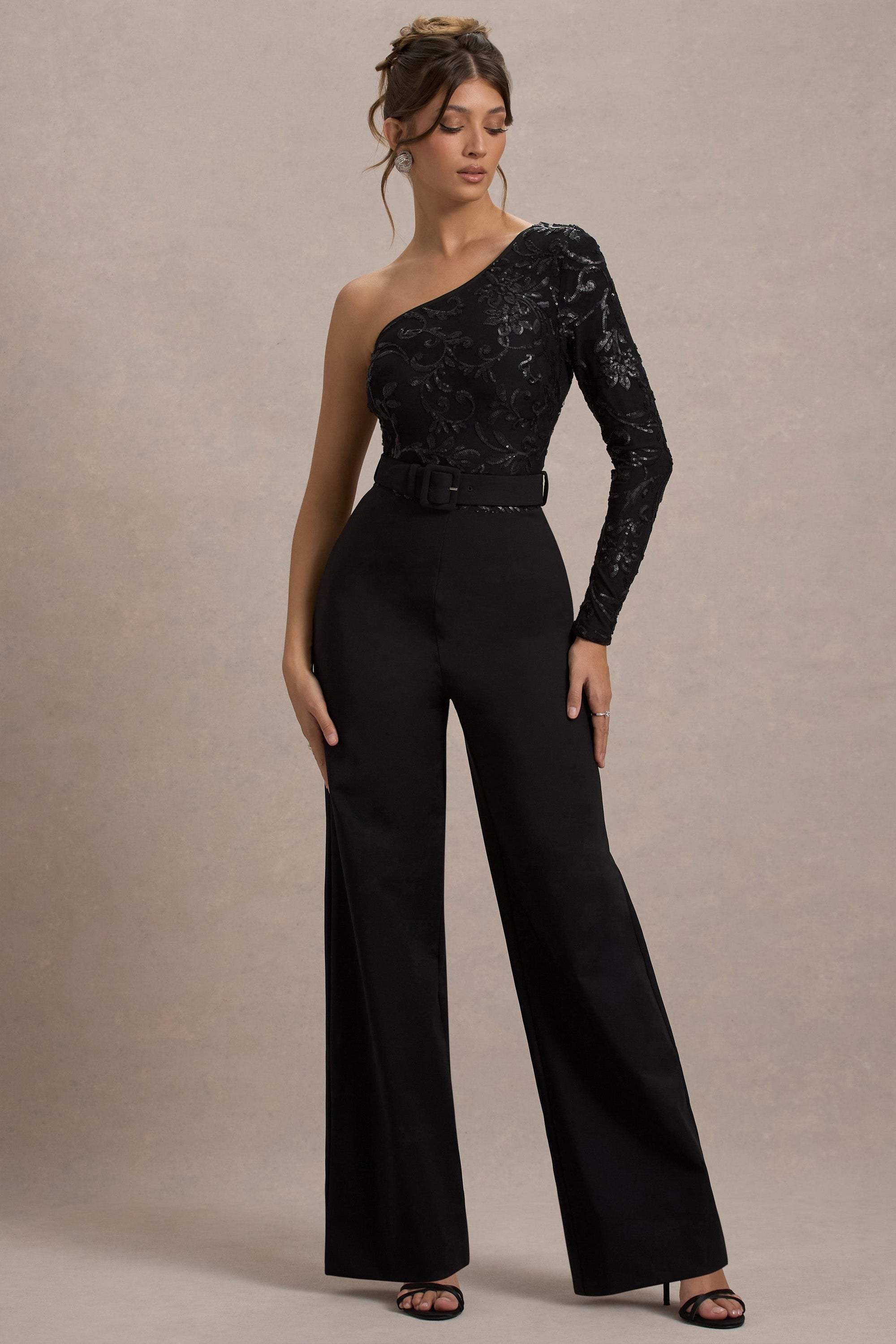 Upgrade | Black Lace Asymmetric Belted Wide-Leg Jumpsuit - Club L London - USA