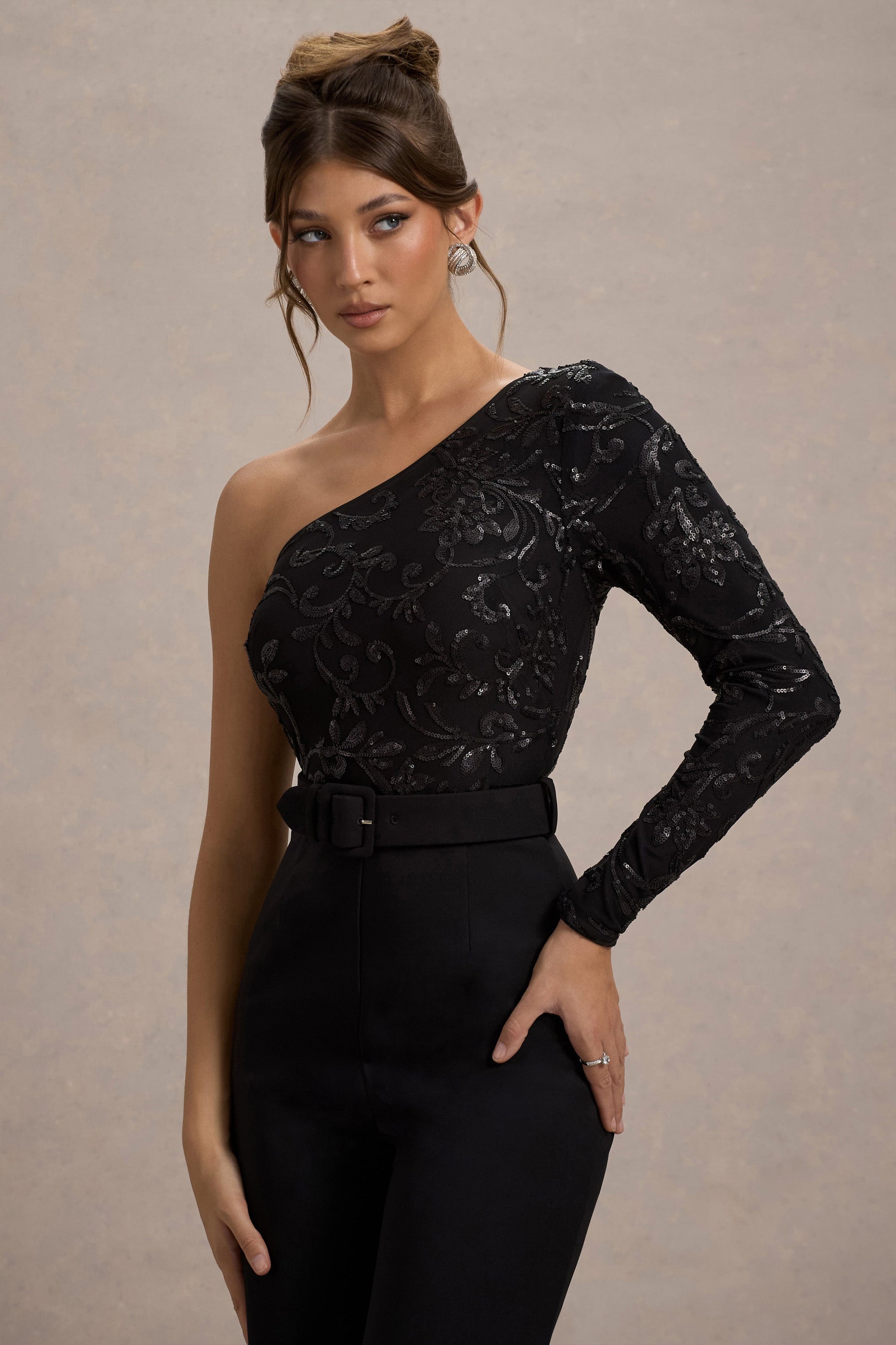 Upgrade | Black Lace Asymmetric Belted Wide-Leg Jumpsuit - Club L London - USA