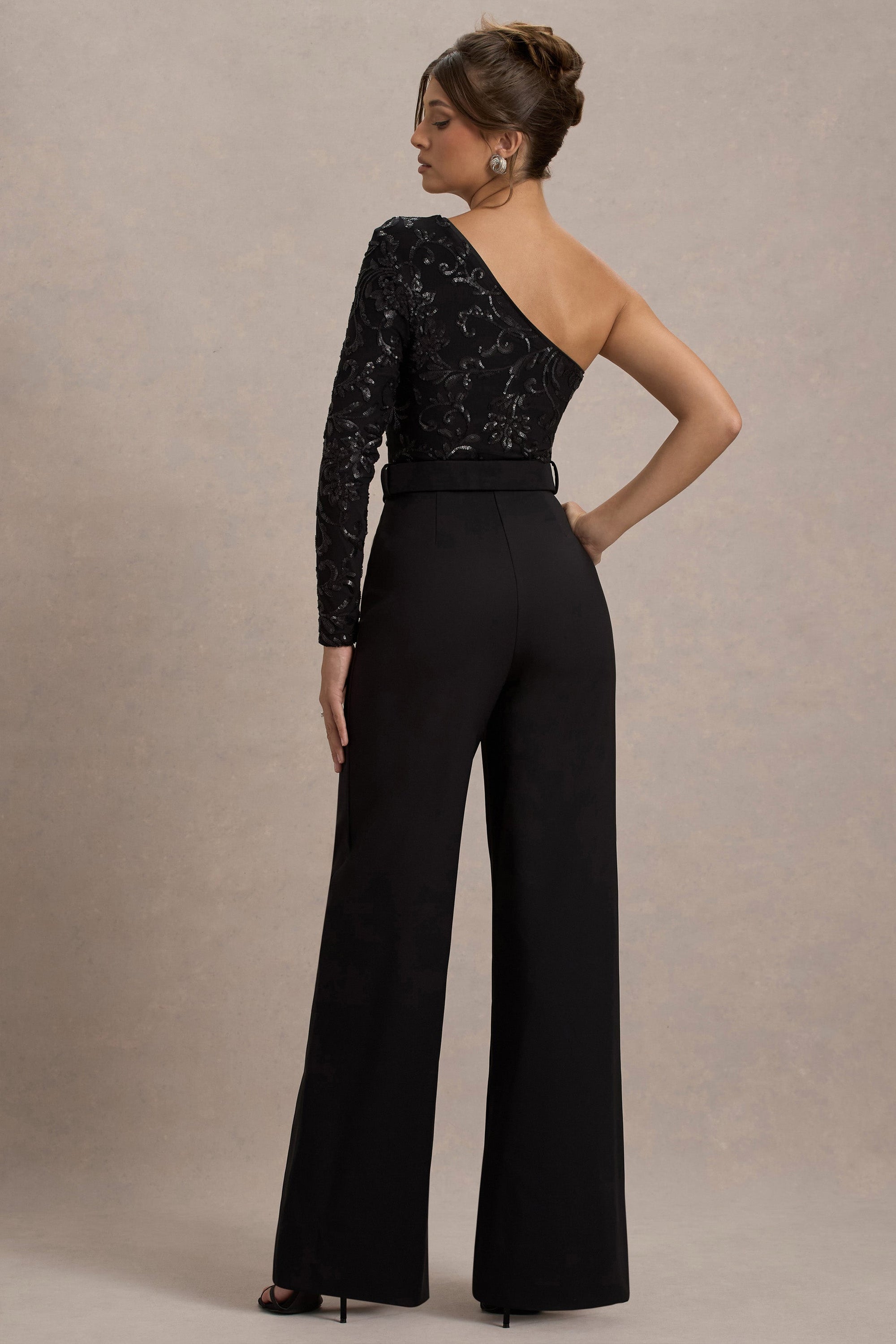 Upgrade | Black Lace Asymmetric Belted Wide-Leg Jumpsuit - Club L London - USA