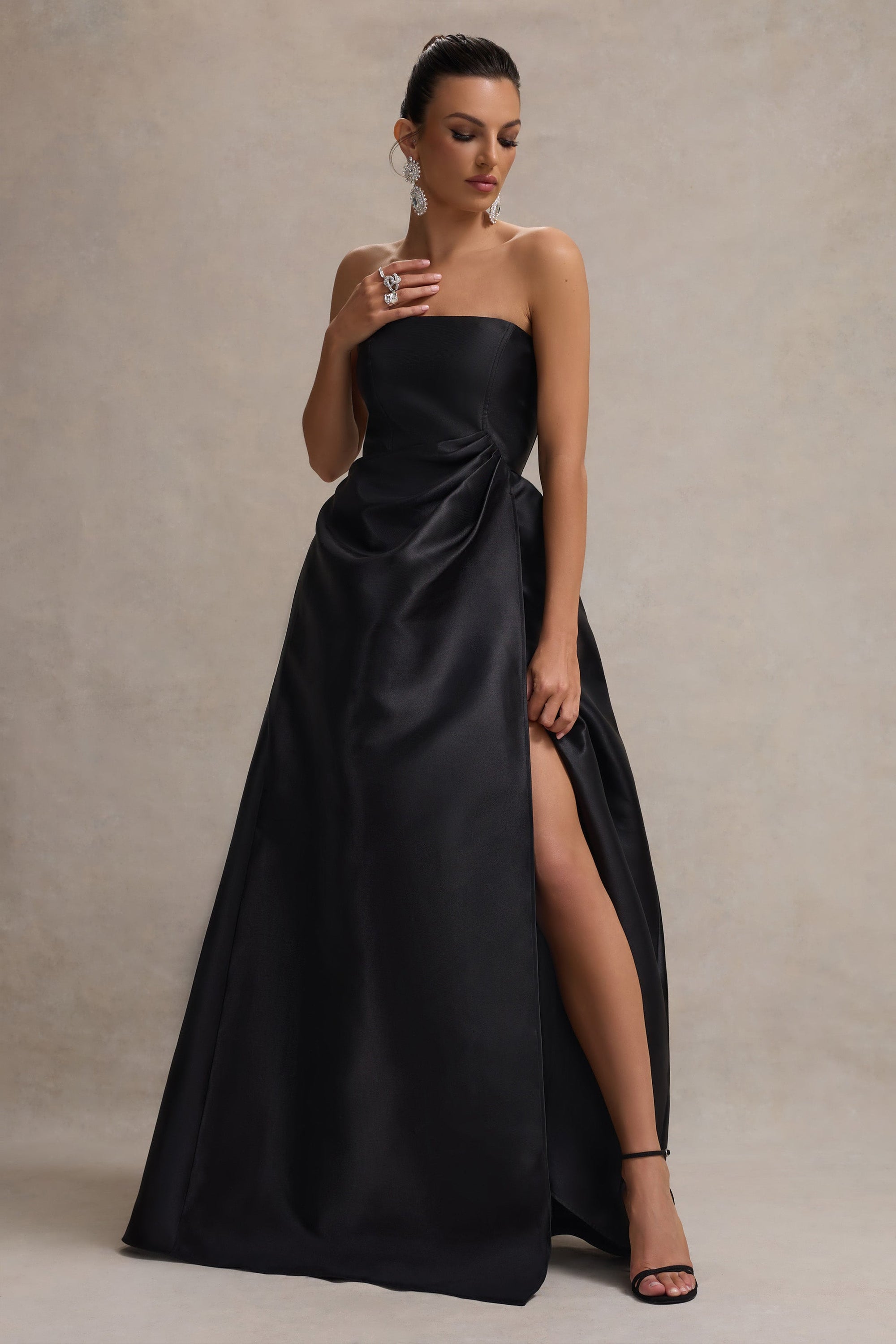 Universe | Black Bandeau Puff-Skirt Split Maxi Dress - Club L London - USA