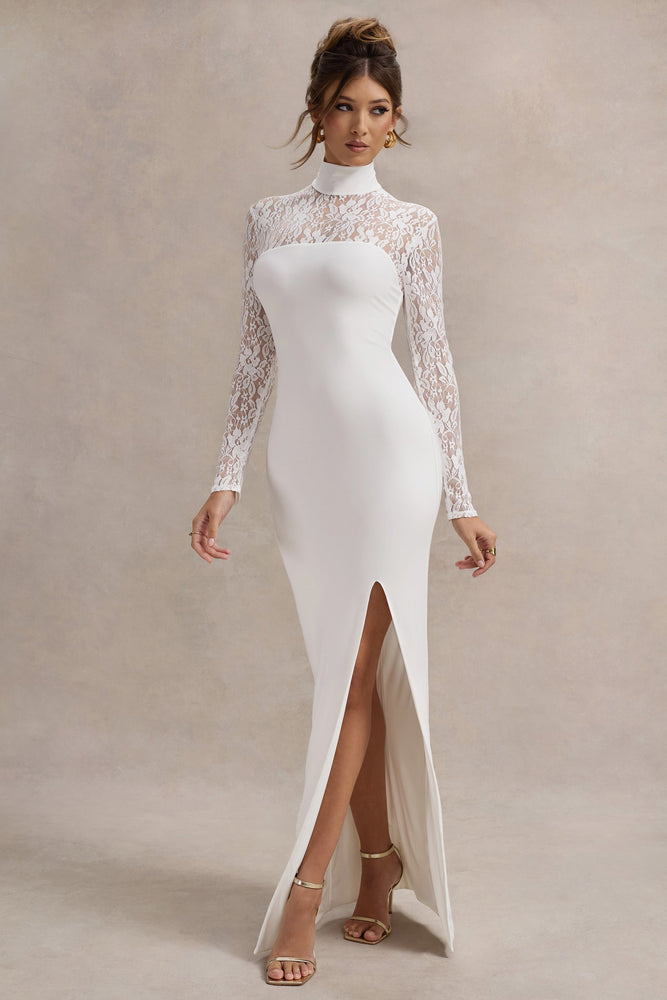 Arden White High-Neck Split Maxi Dress With Lace Sleeves Club L London - USA Arden White High-Neck Split Maxi Dress With Lace Sleeves Club L London - USA