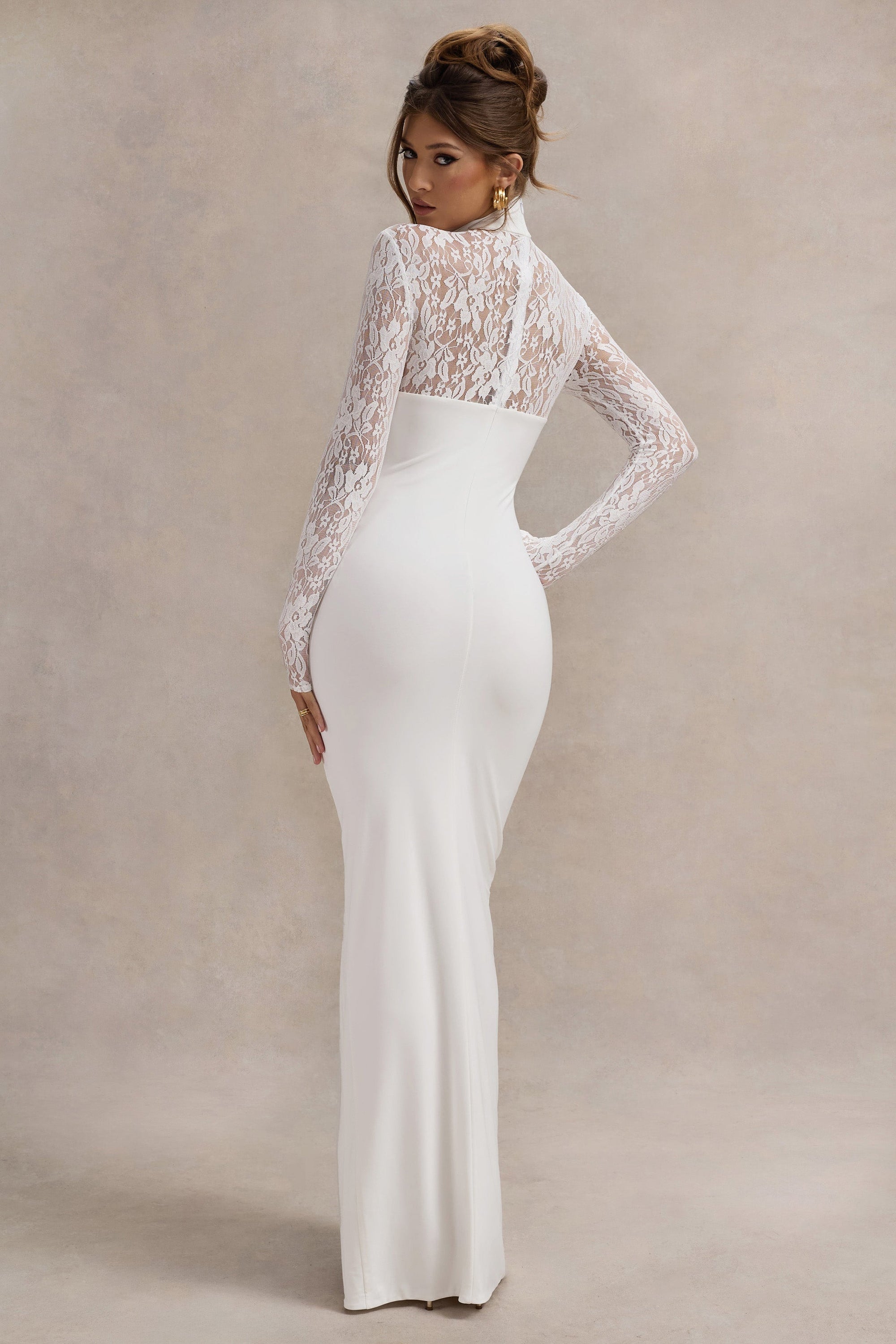 Arden | White High-Neck Split Maxi Dress With Lace Sleeves – Club L London