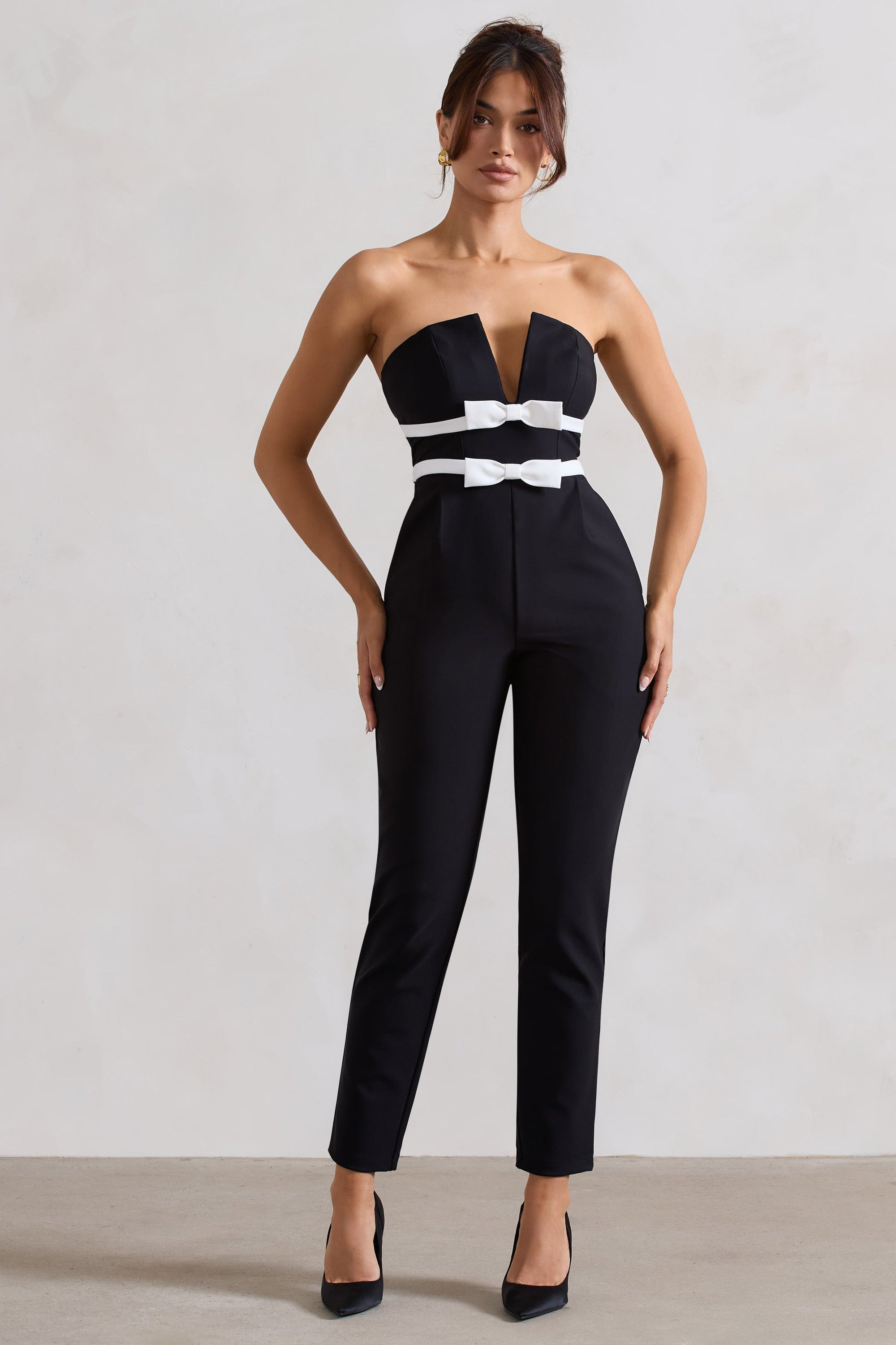 Casta | Black Strapless Tailored Straight-Leg Jumpsuit With Bows - Club L London - USA