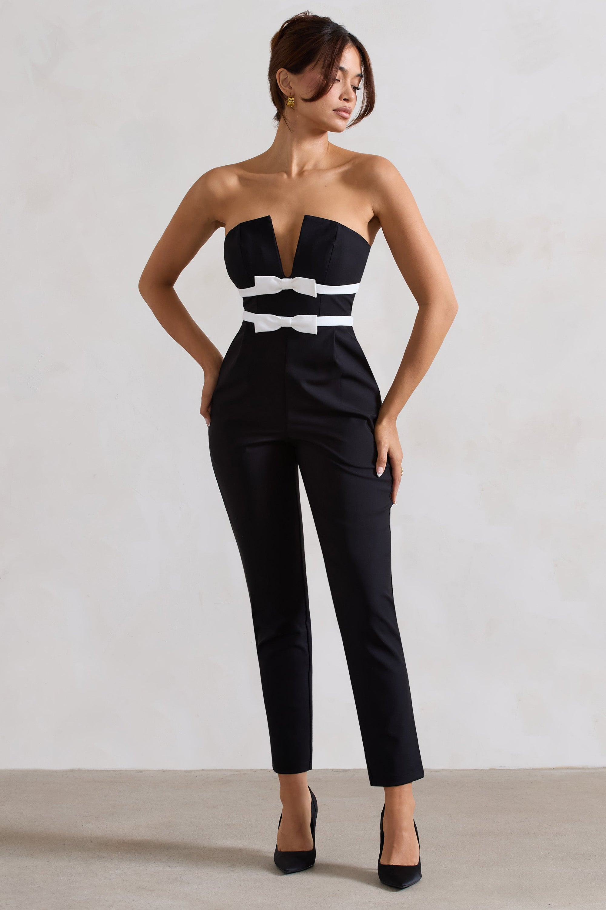 Casta | Black Strapless Tailored Straight-Leg Jumpsuit With Bows - Club L London - USA