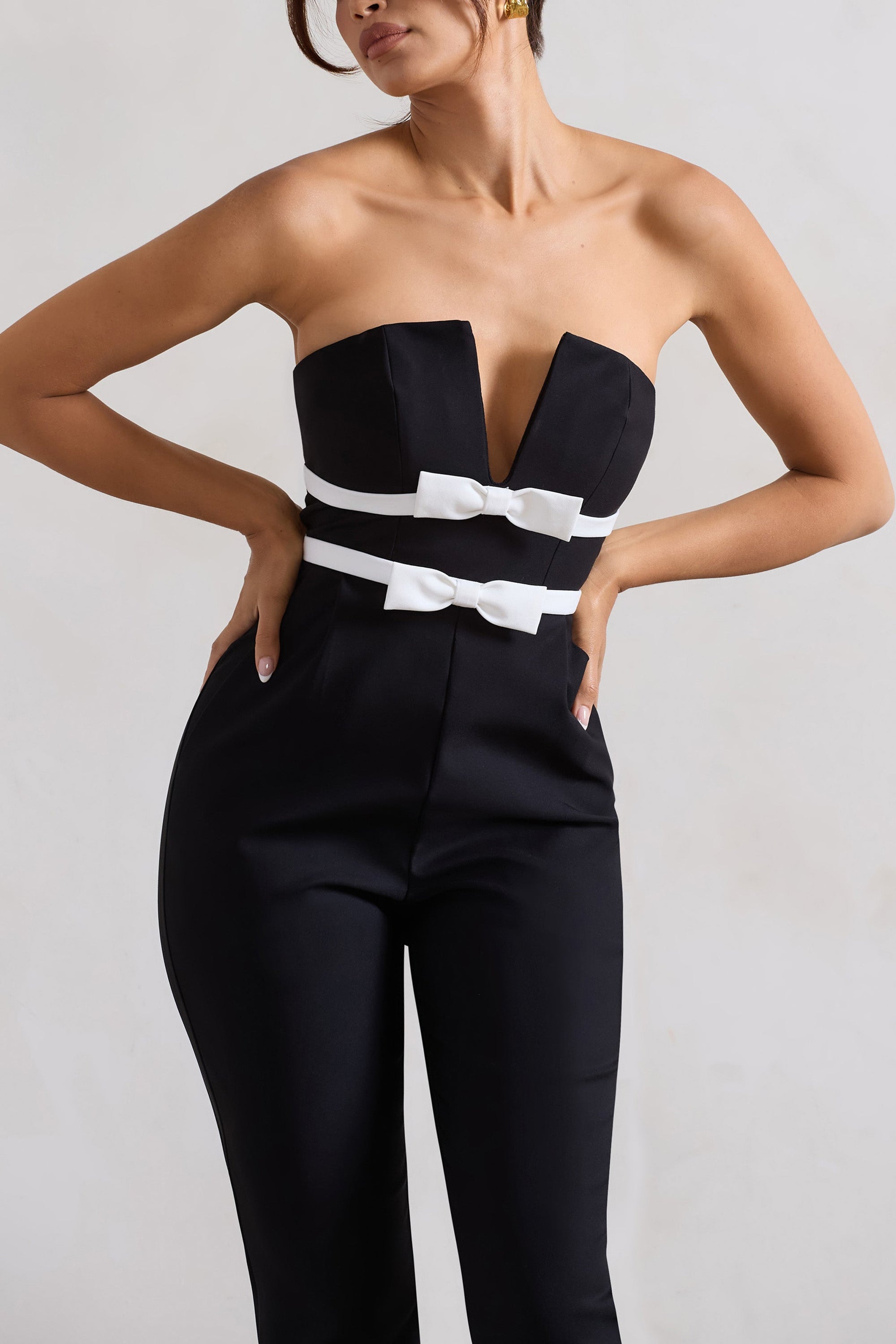 Casta | Black Strapless Tailored Straight-Leg Jumpsuit With Bows - Club L London - USA