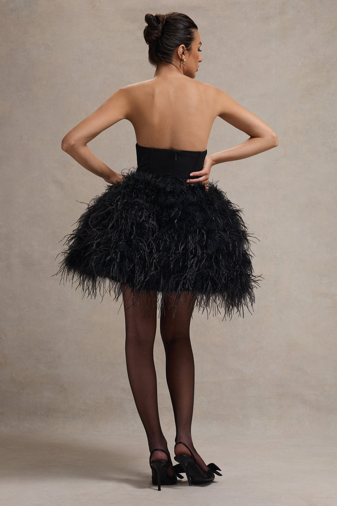 Peaches Black Strapless Mini Dress With Volume Feather Hem Club L London - USA Peaches Black Strapless Mini Dress With Volume Feather Hem Club L London - USA