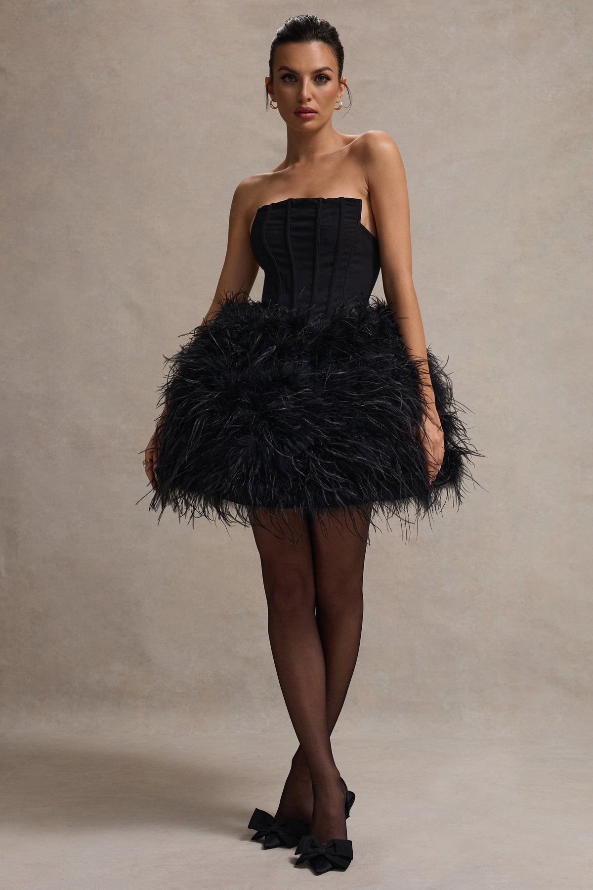 Peaches Black Strapless Mini Dress With Volume Feather Hem Club L London - USA Peaches Black Strapless Mini Dress With Volume Feather Hem Club L London - USA