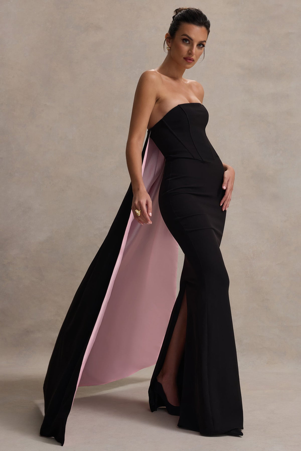 She's Trouble Black Bandeau Maxi Dress With Pink Cape Club L London - USA She's Trouble Black Bandeau Maxi Dress With Pink Cape Club L London - USA