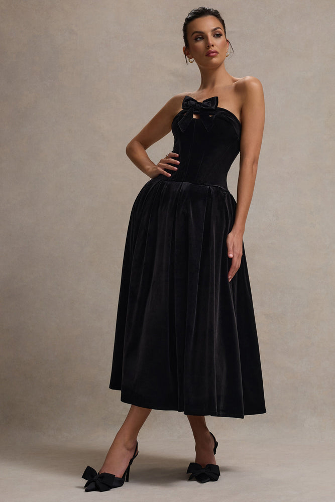 black lace velvet bow midi dress Hepburn | Black Velvet Bandeau Midi Dress With Bow
