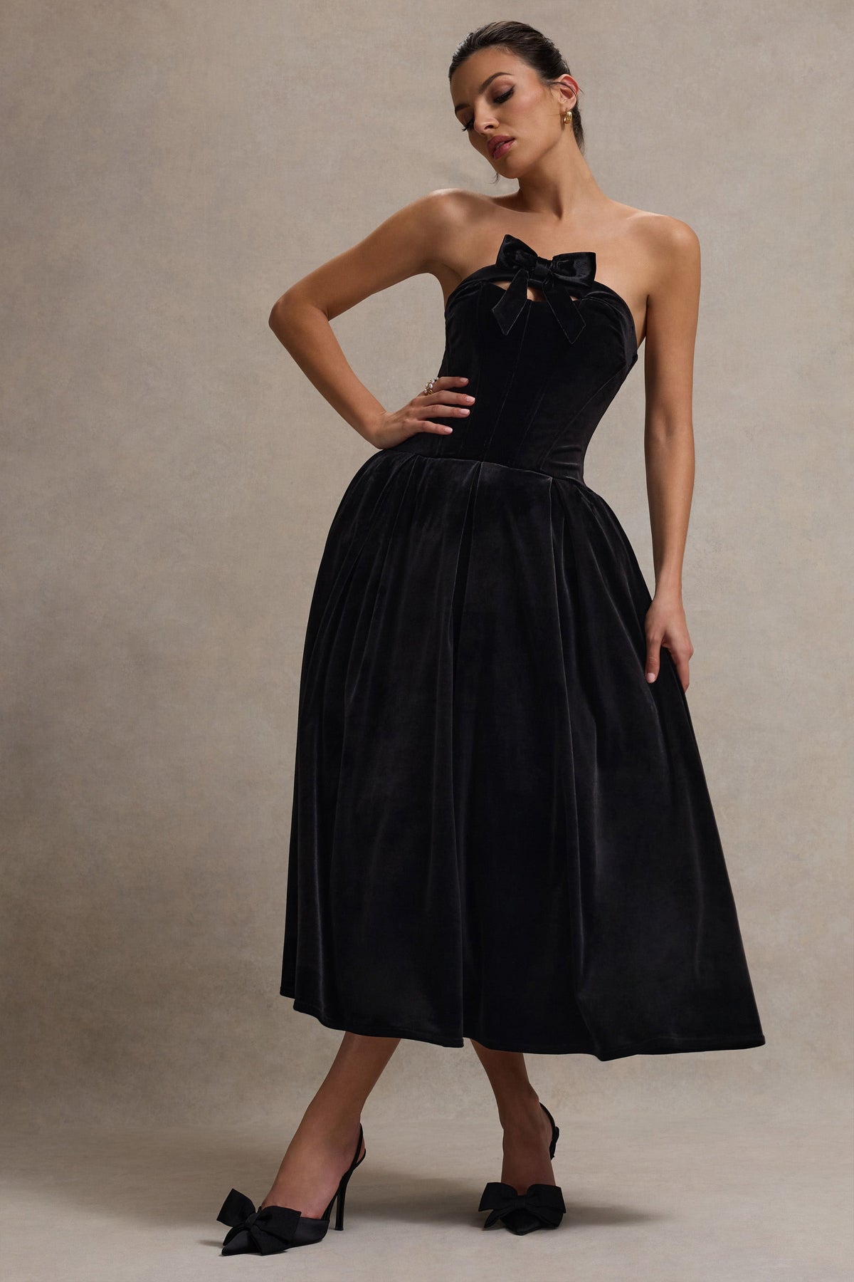 Hepburn Black Velvet Bandeau Midi Dress With Bow Club L London - USA Hepburn Black Velvet Bandeau Midi Dress With Bow Club L London - USA