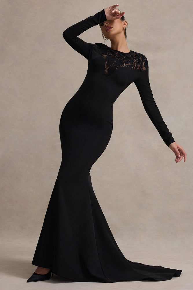 Campbell Black Long-Sleeve Maxi Dress With Lace Detail – Club L London ...