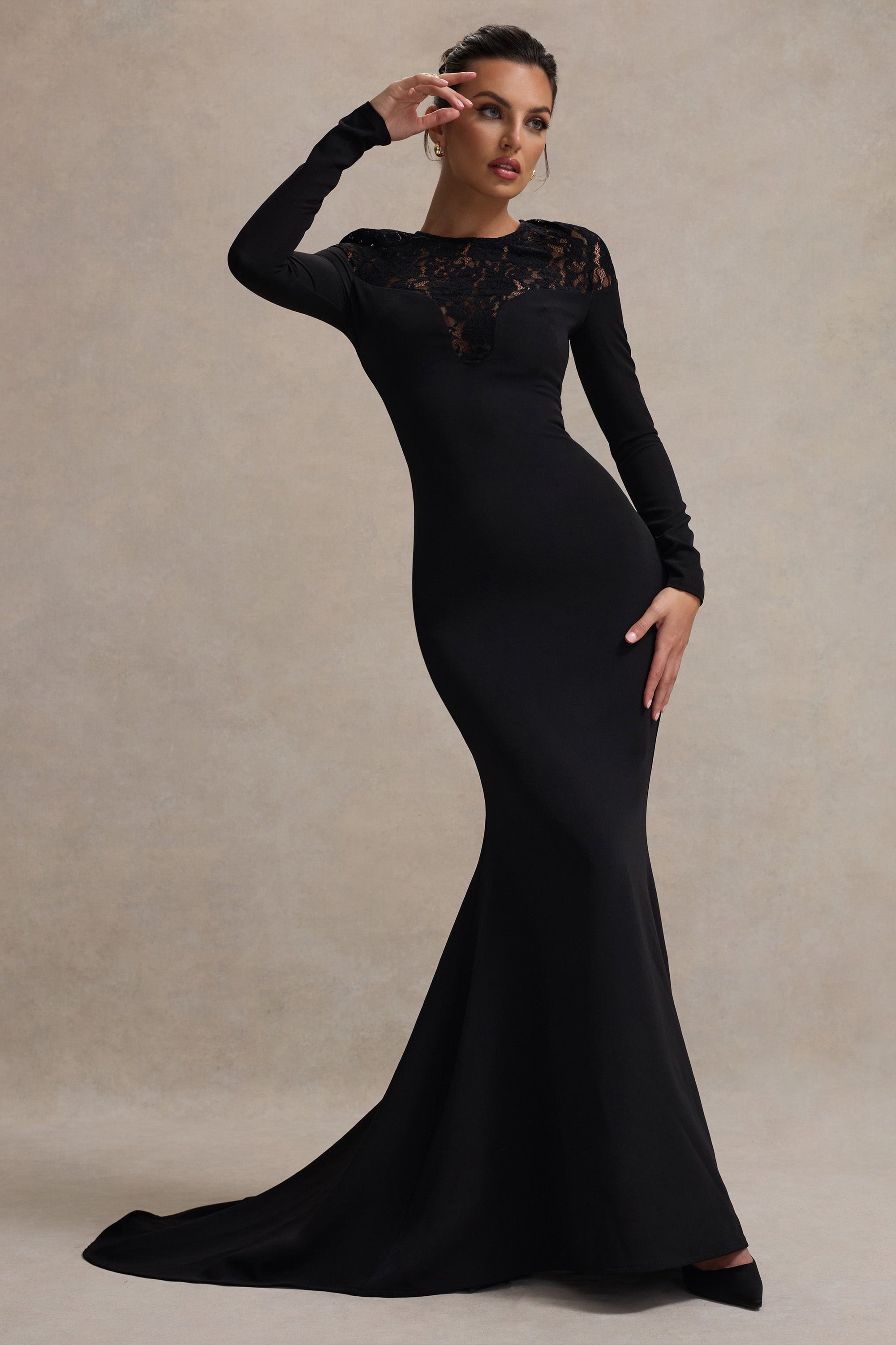 Campbell | Black Long-Sleeve Maxi Dress With Lace Detail - Club L London - USA