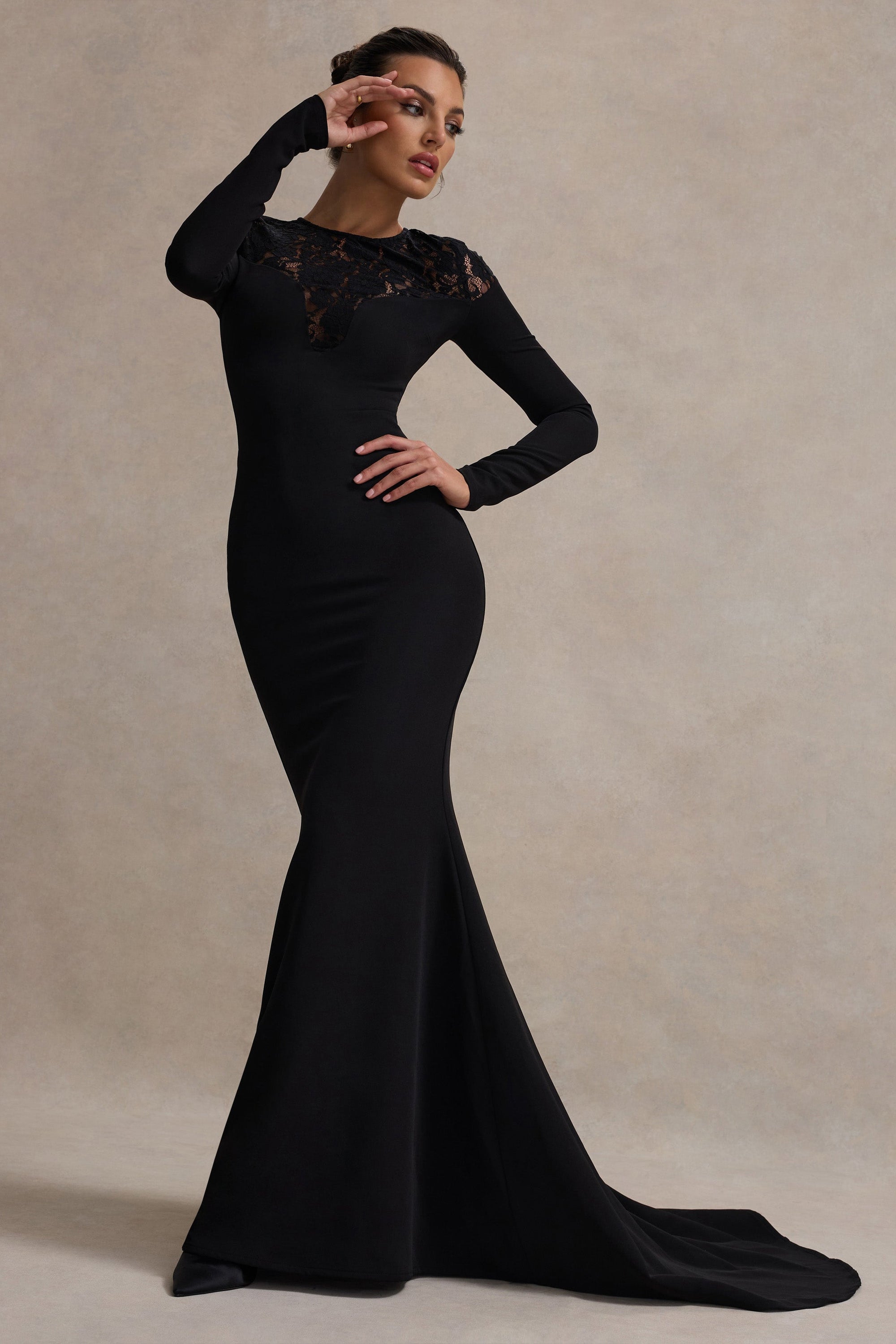 Campbell | Black Long-Sleeve Maxi Dress With Lace Detail – Club L London