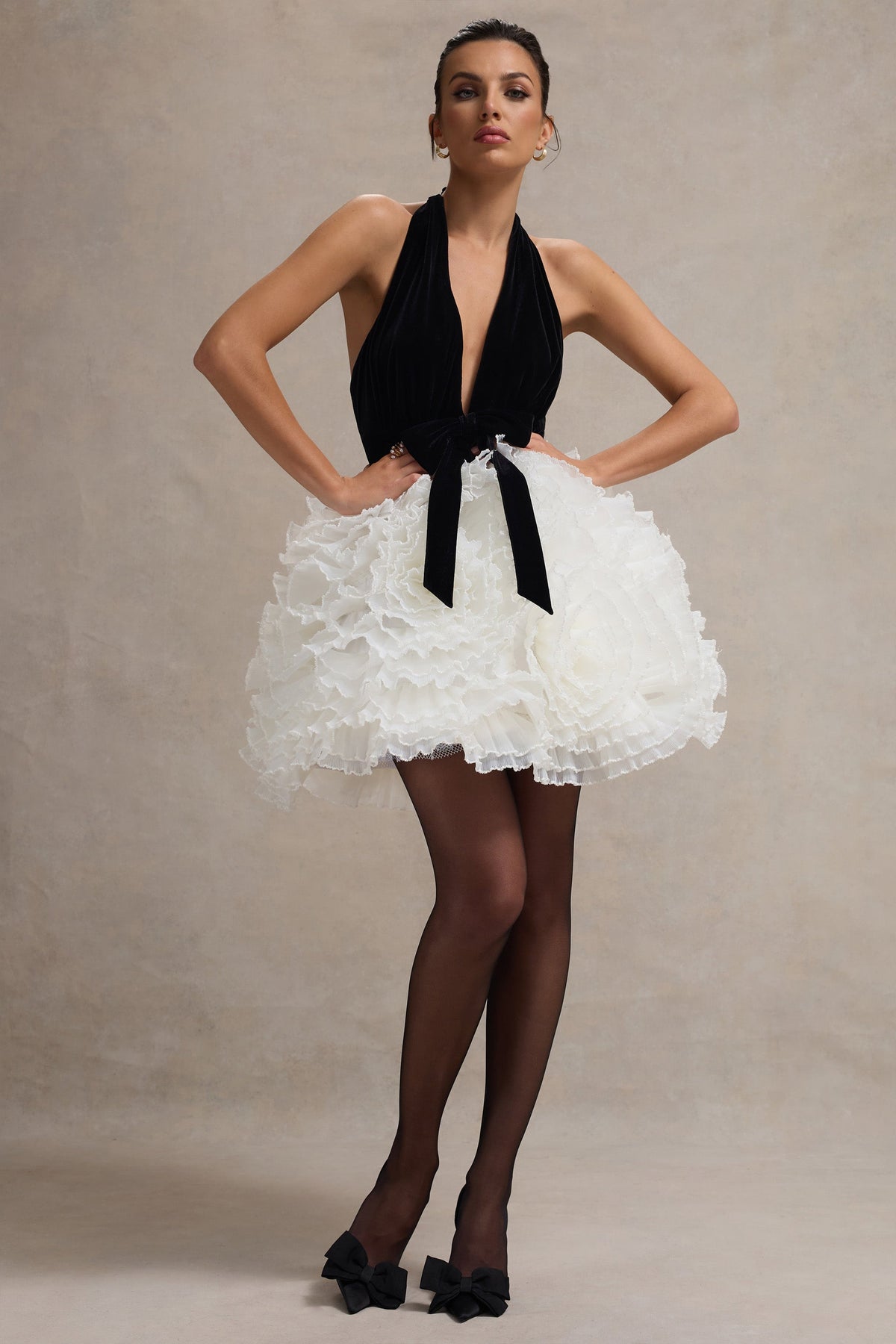 Meringue Black Velvet Plunge-Neck Mini Dress With Tulle Skirt Club L London - USA Meringue Black Velvet Plunge-Neck Mini Dress With Tulle Skirt Club L London - USA
