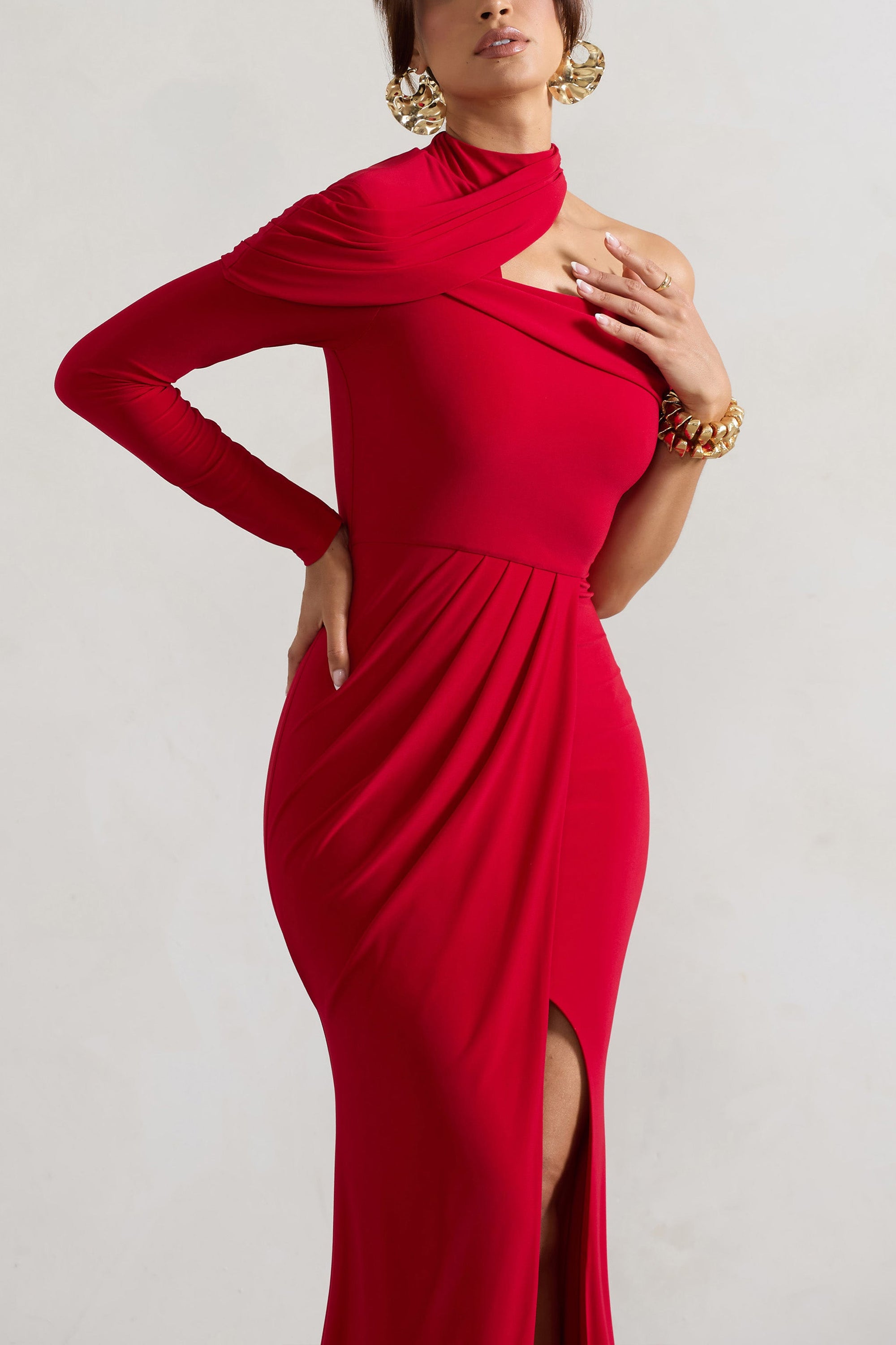 Tyla | Red Asymmetric High-Neck Split Maxi Dress - Club L London - USA