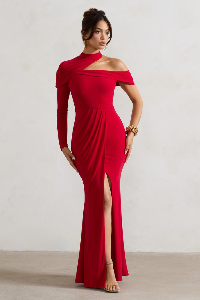 Cynthia | Red High-Neck Maxi Dress With Volume Skirt