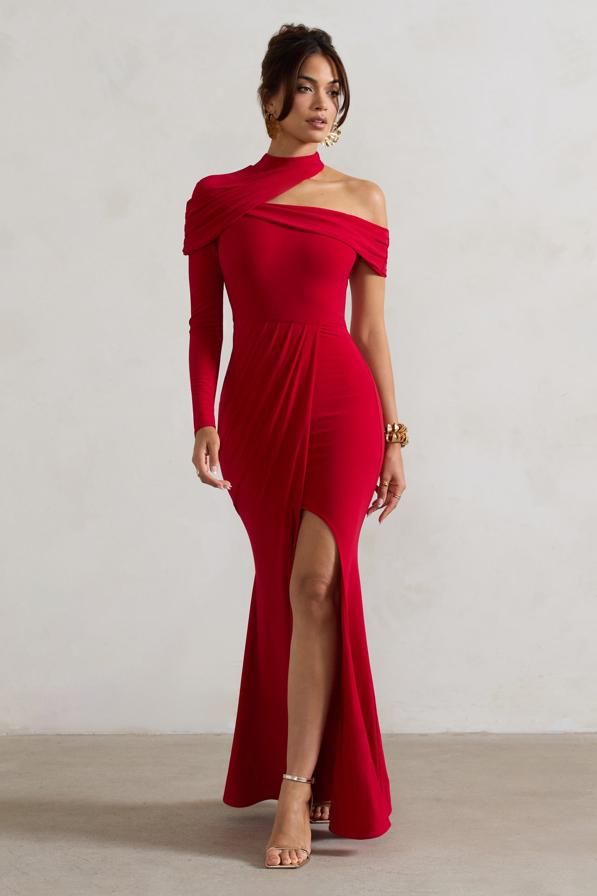 Tyla | Red Asymmetric High-Neck Split Maxi Dress - Club L London - USA