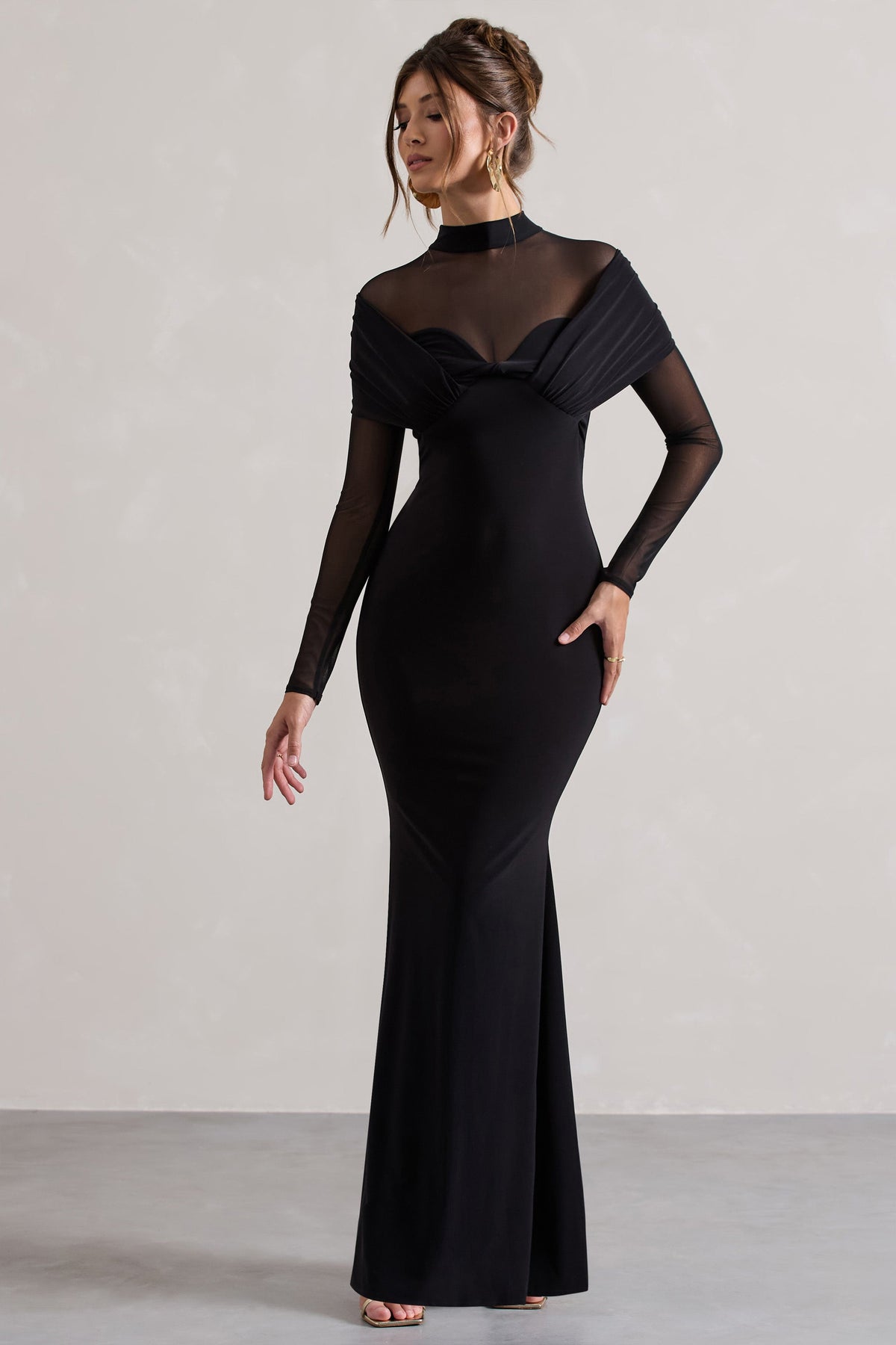 Tasha | Black Mesh High-Neck Long-Sleeve Maxi Dress