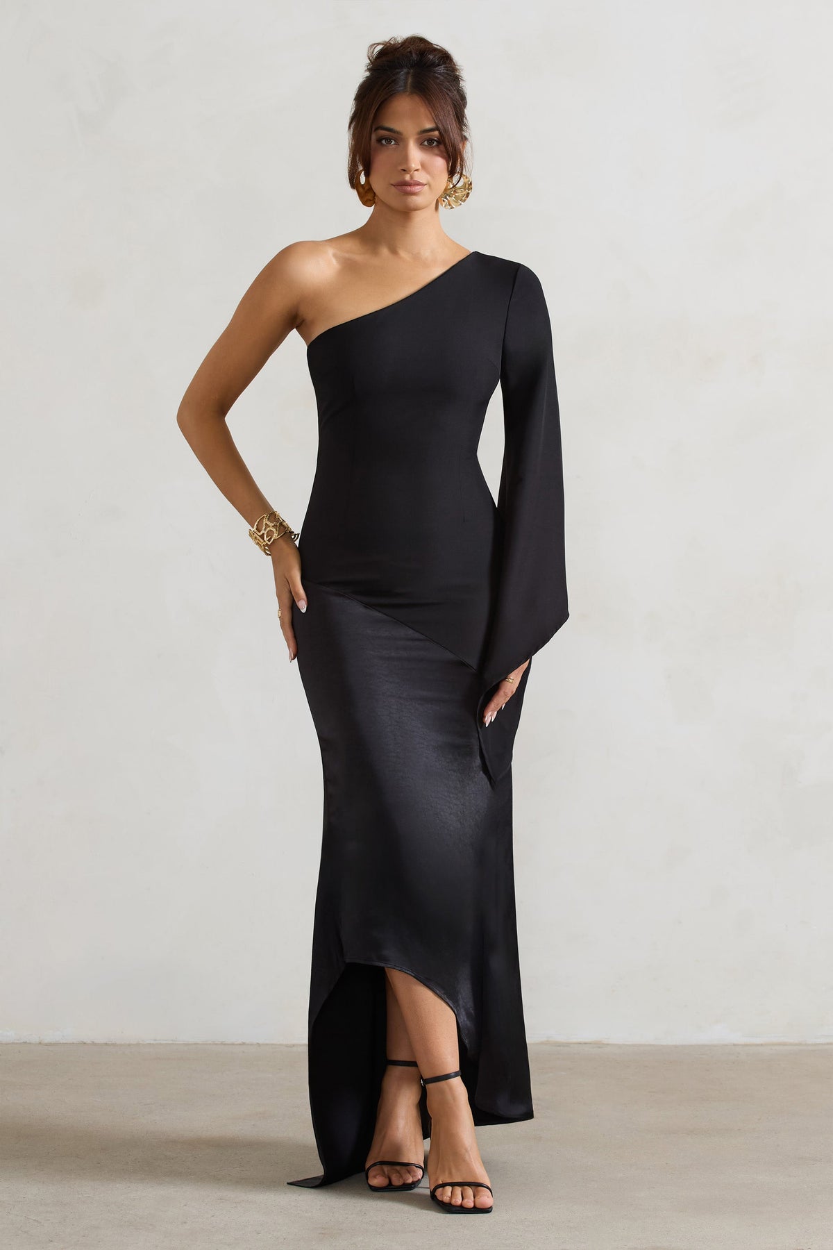 Salem | Black Asymmetric Cape-Sleeve Maxi Dress With Satin Skirt