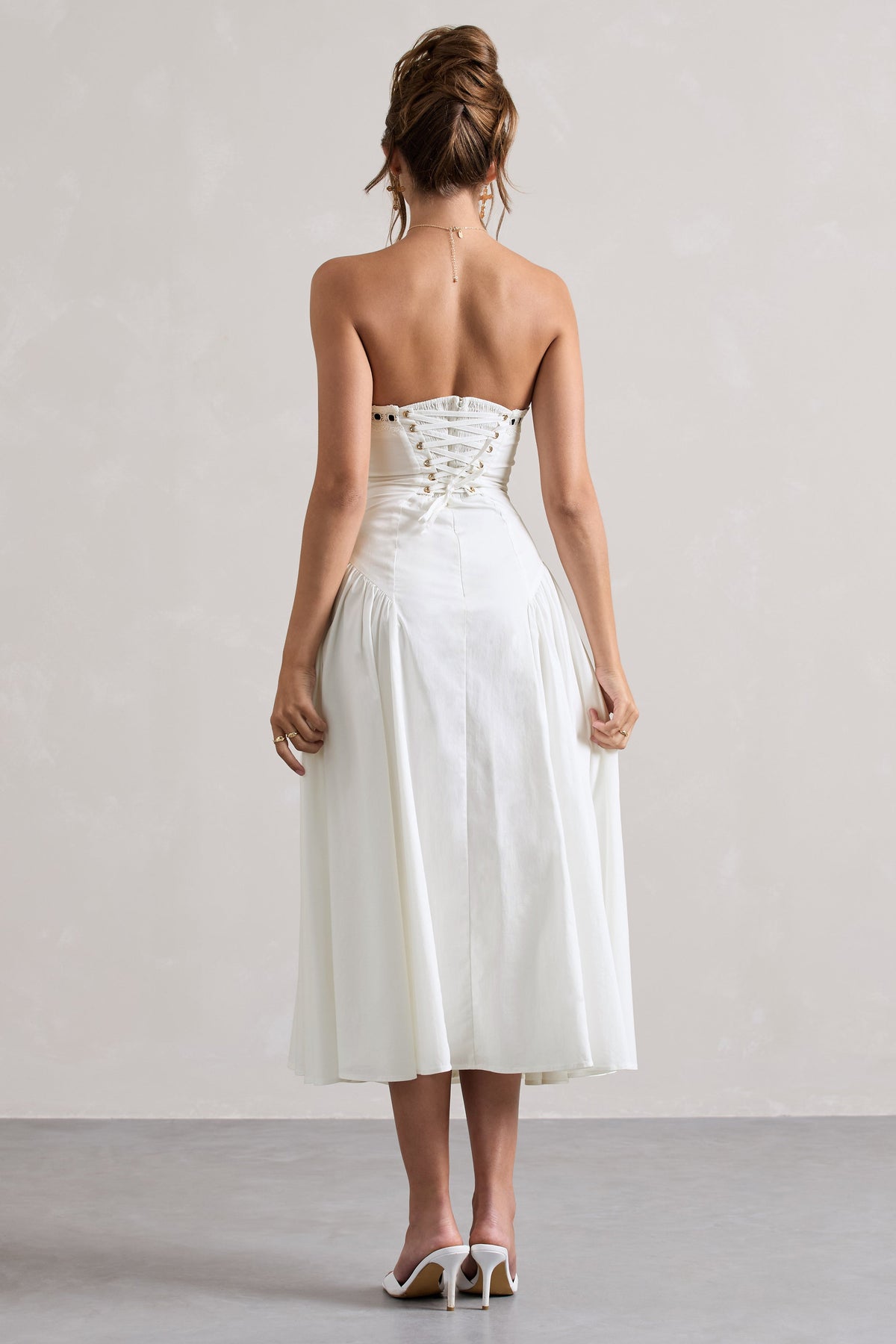 Serrenti | White Poplin Strapless Lace Detail Midi Dress With Volume Skirt