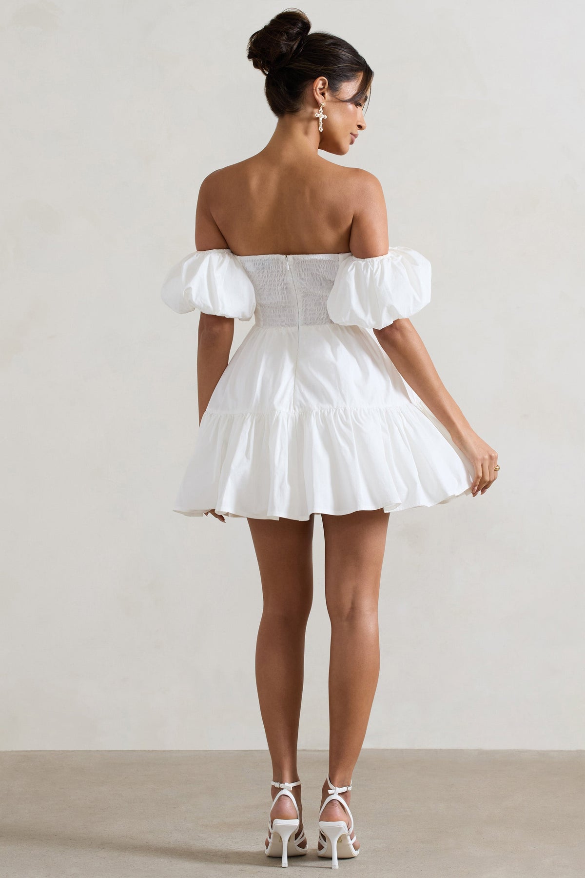 Lani | White Poplin Bardot Tiered Mini Dress With Puff Sleeves