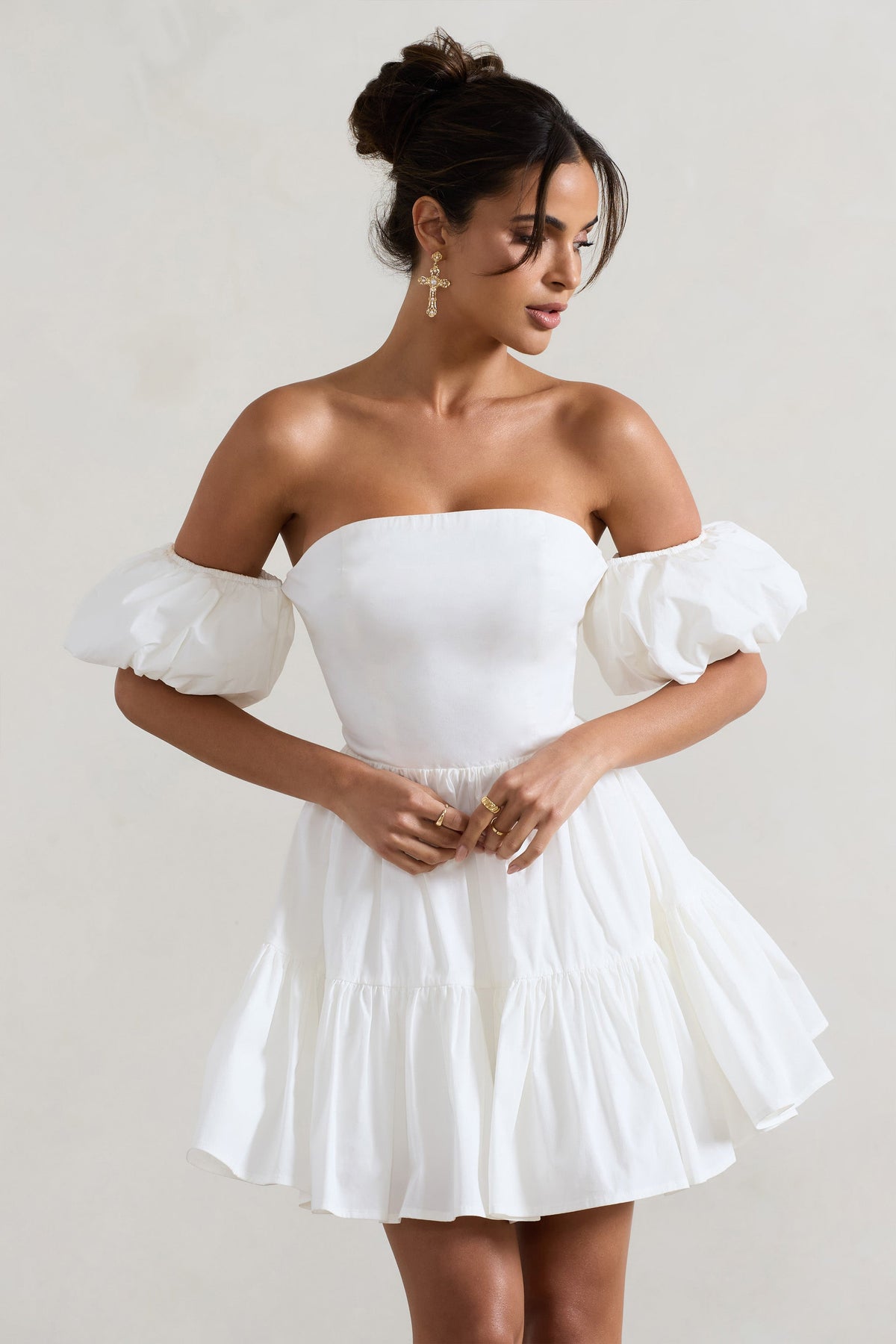 Lani | White Poplin Bardot Tiered Mini Dress With Puff Sleeves