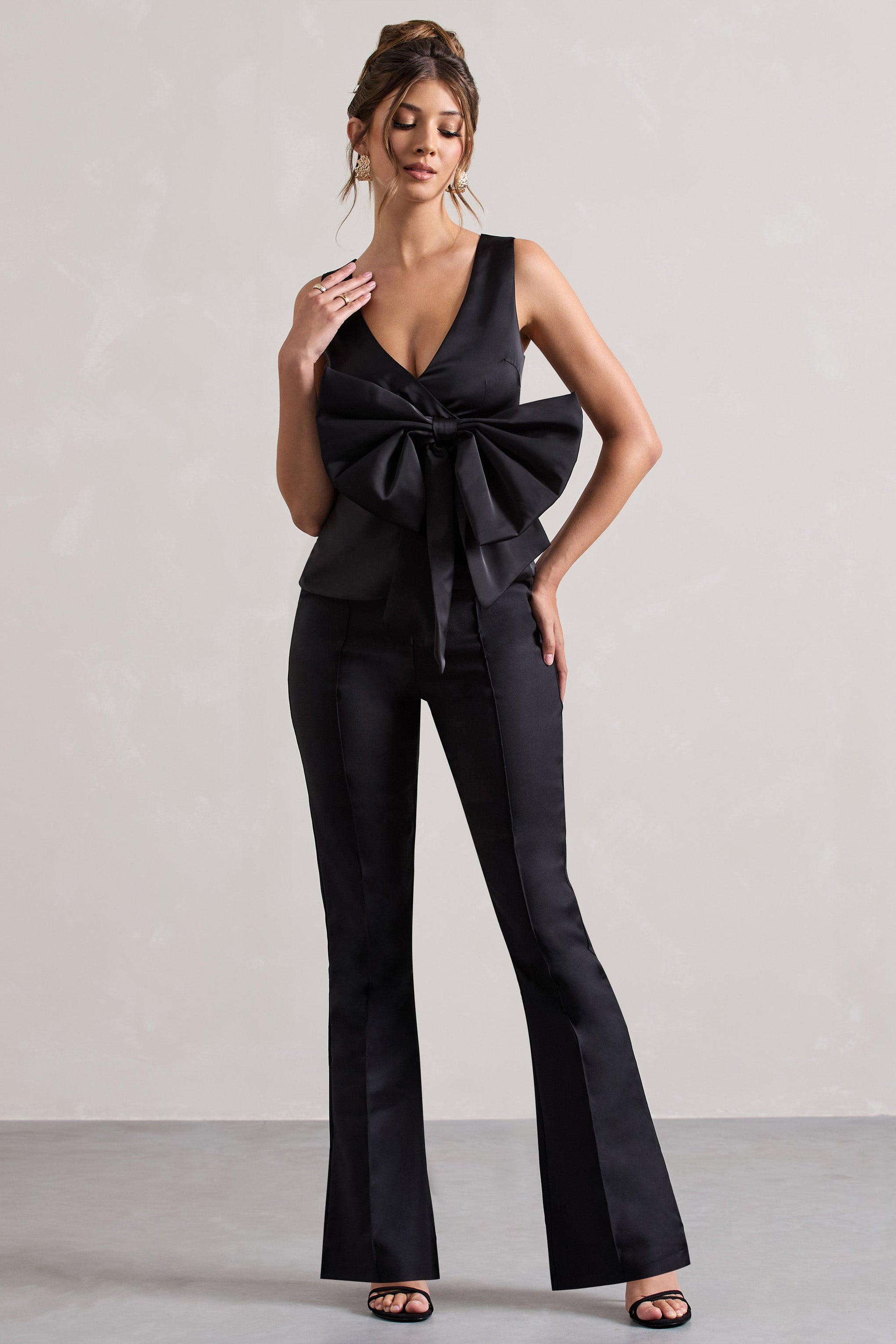 Adoration | Black Satin Plunge-Neck Top With Bow - Club L London - USA