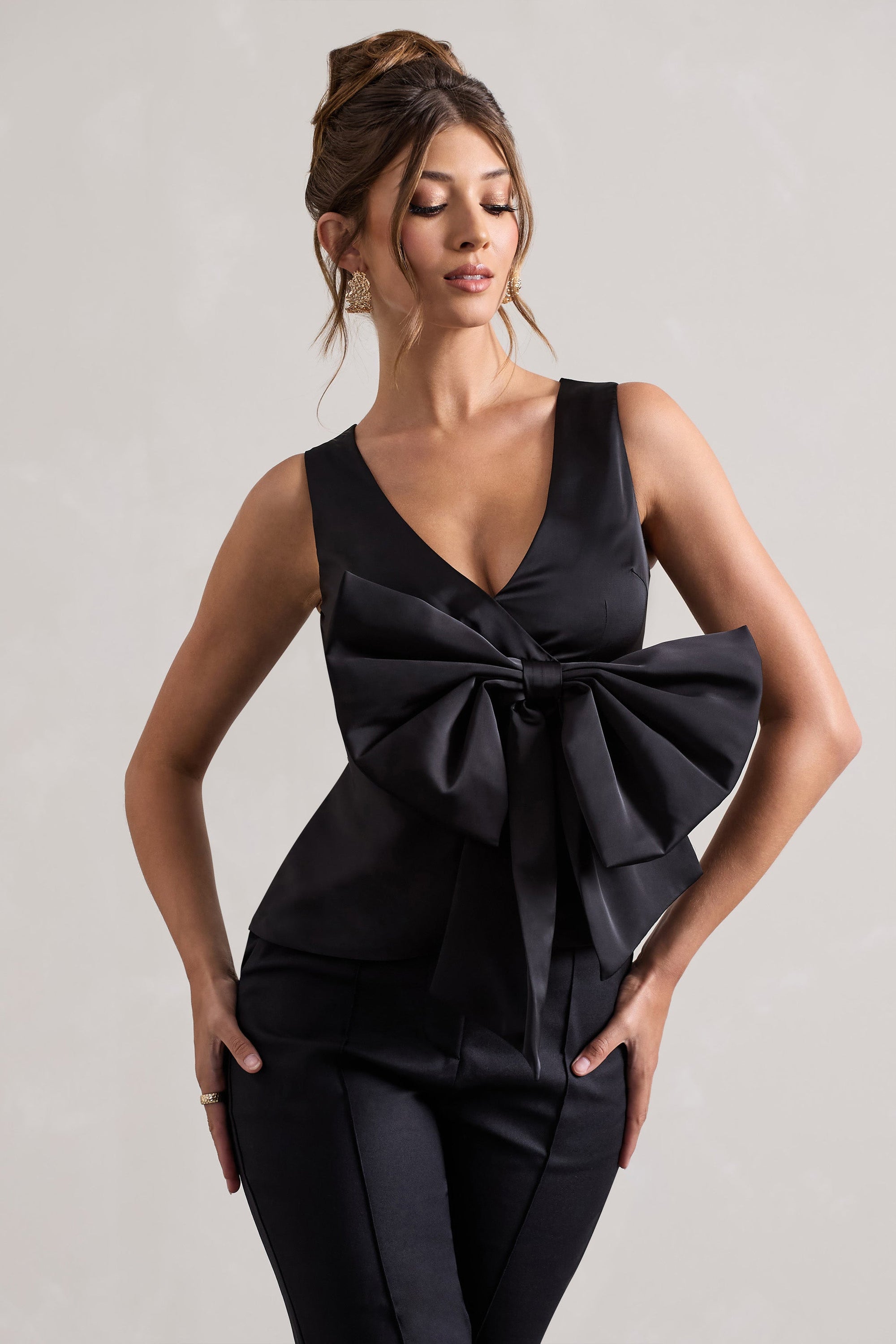 Adoration | Black Satin Plunge-Neck Top With Bow - Club L London - USA
