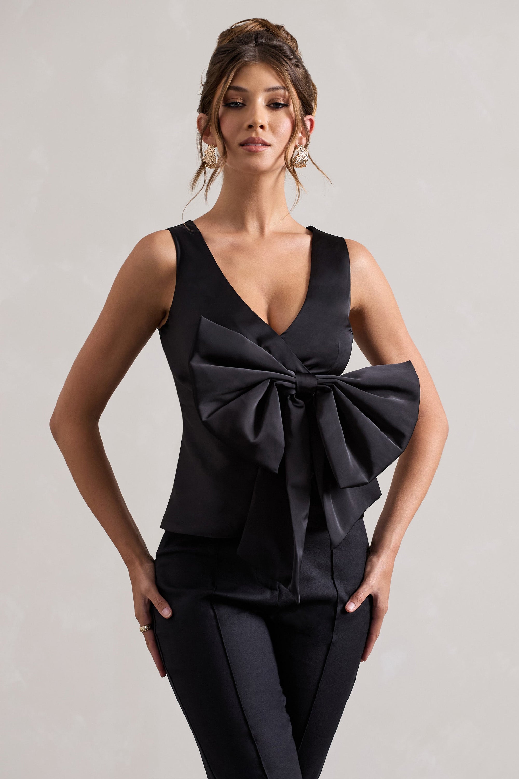 Adoration | Black Satin Plunge-Neck Top With Bow - Club L London - USA