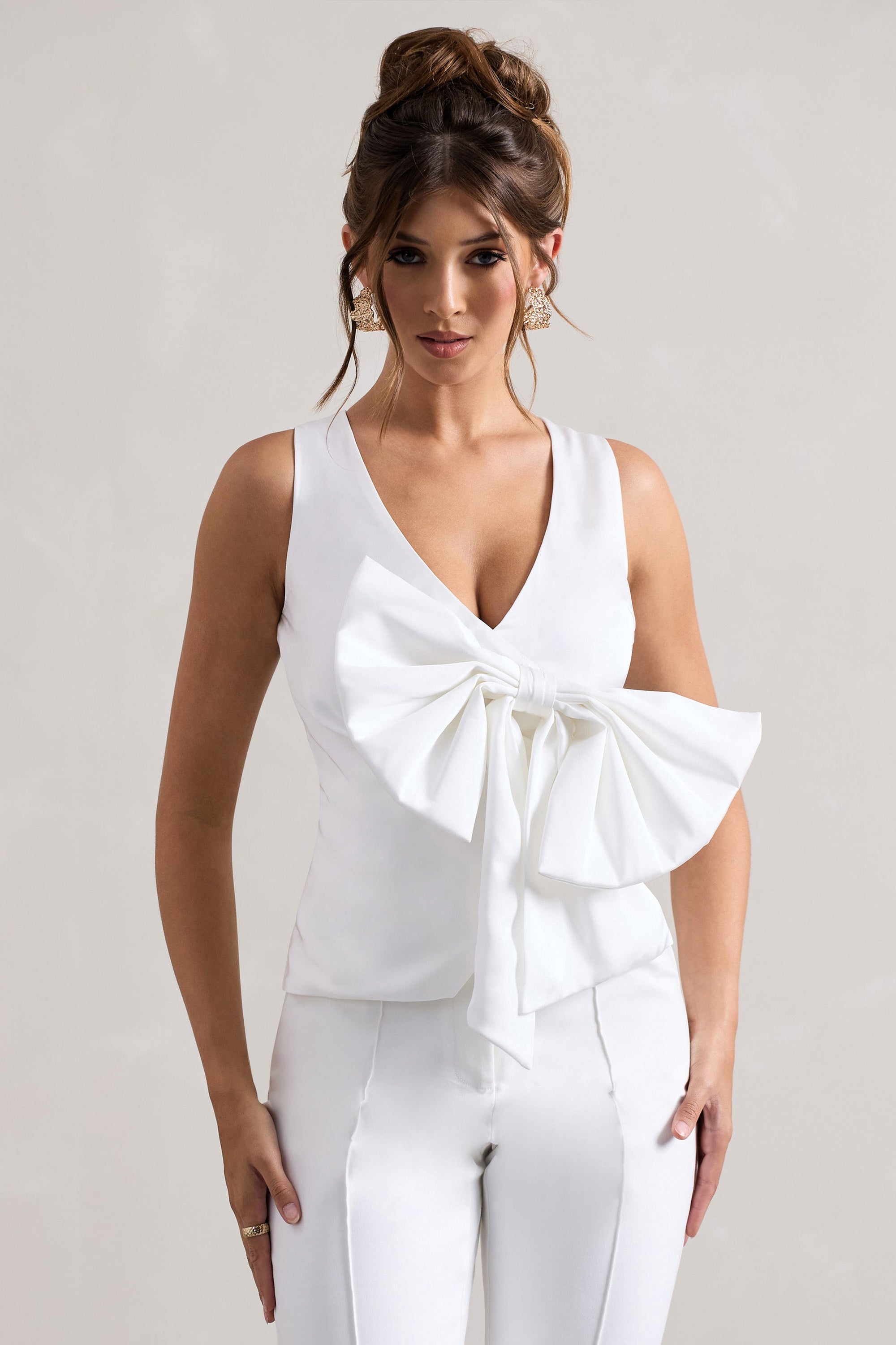 Adoration | Cream Satin Plunge-Neck Top With Bow - Club L London - USA