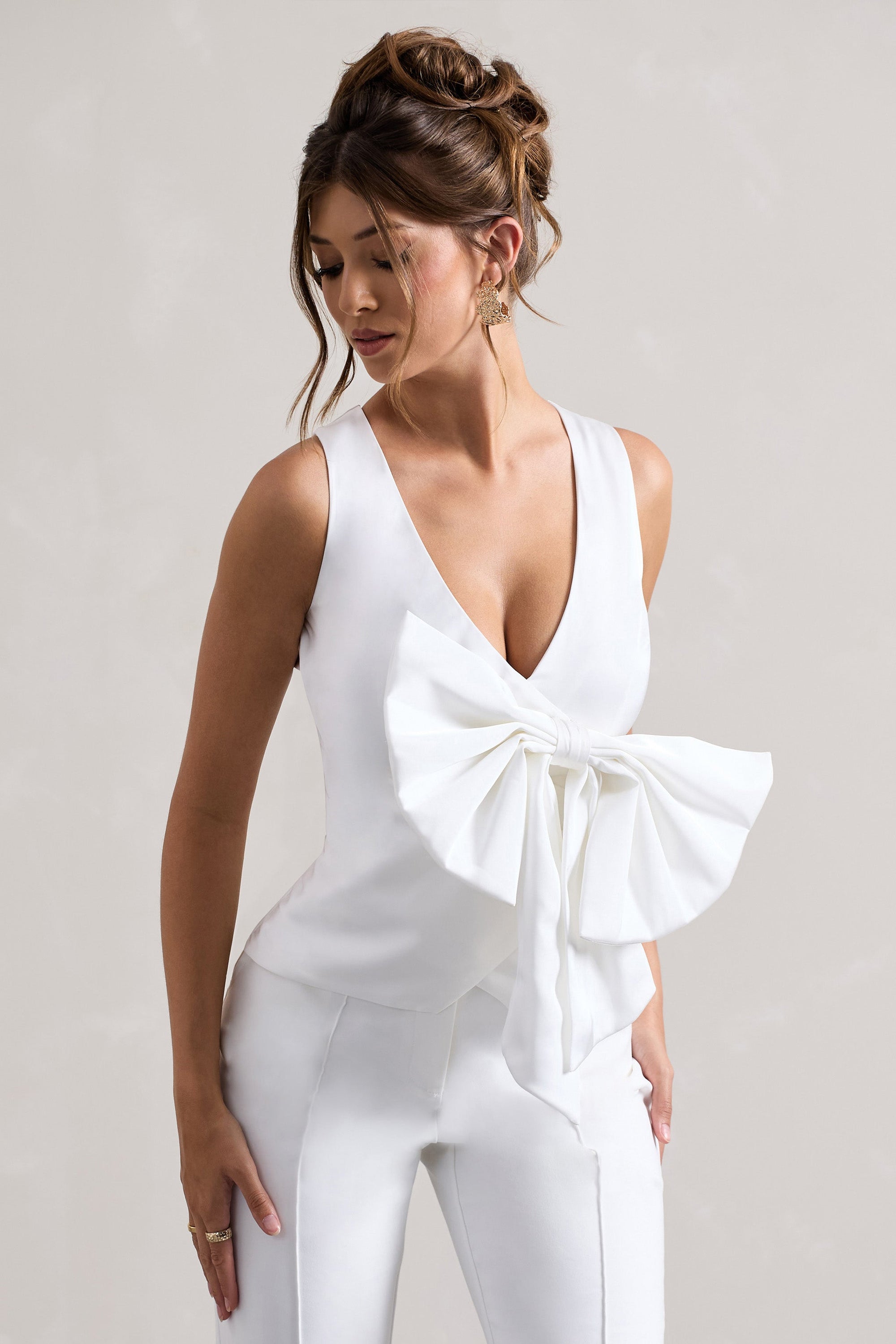 Adoration | Cream Satin Plunge-Neck Top With Bow - Club L London - USA