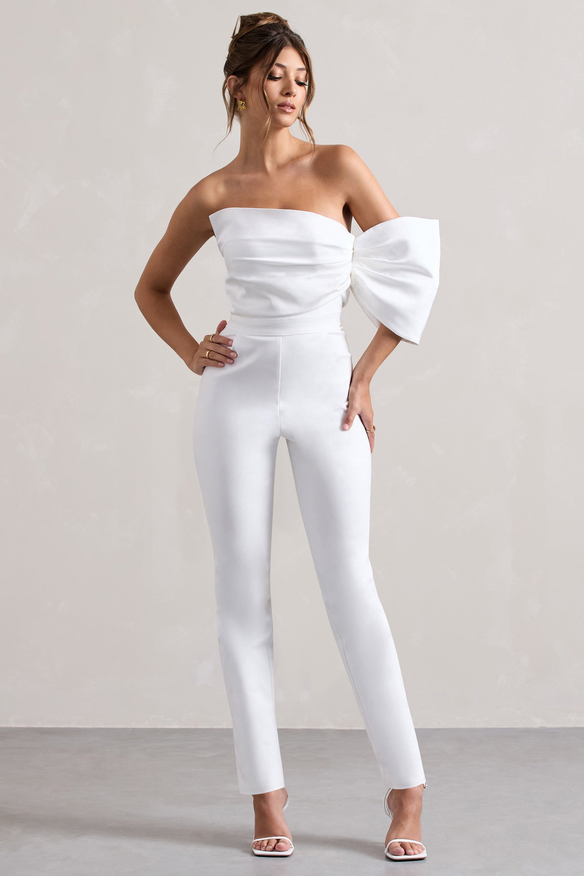 Adabella | White Satin Strapless One-Sleeve Straight-Leg Jumpsuit – Club L London