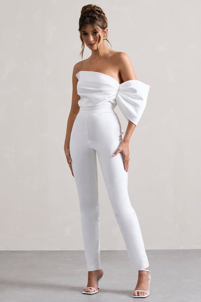 Adabella White Satin Strapless One-Sleeve Straight-Leg Jumpsuit