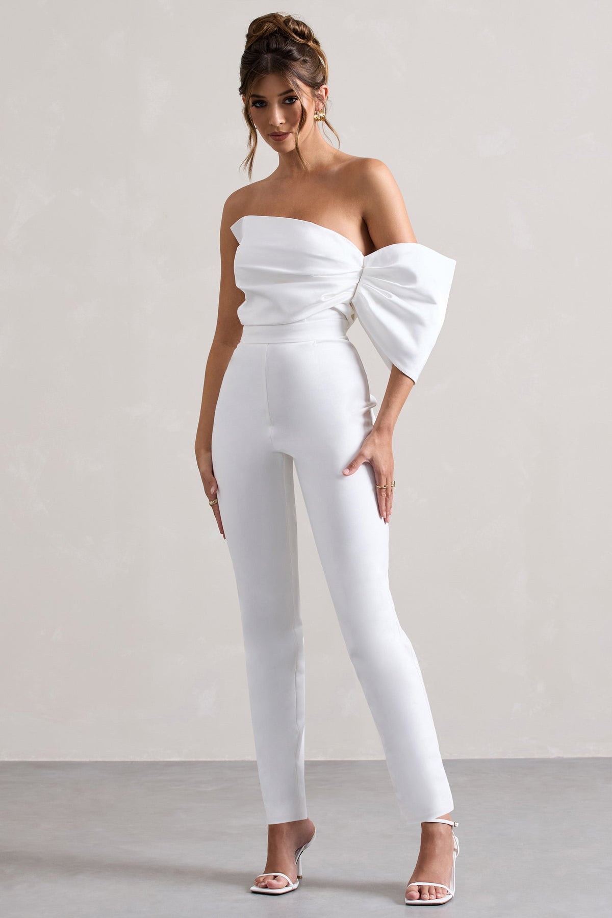 Adabella White Satin Strapless One-Sleeve Straight-Leg Jumpsuit – Club L London Adabella White Satin Strapless One-Sleeve Straight-Leg Jumpsuit – Club L London