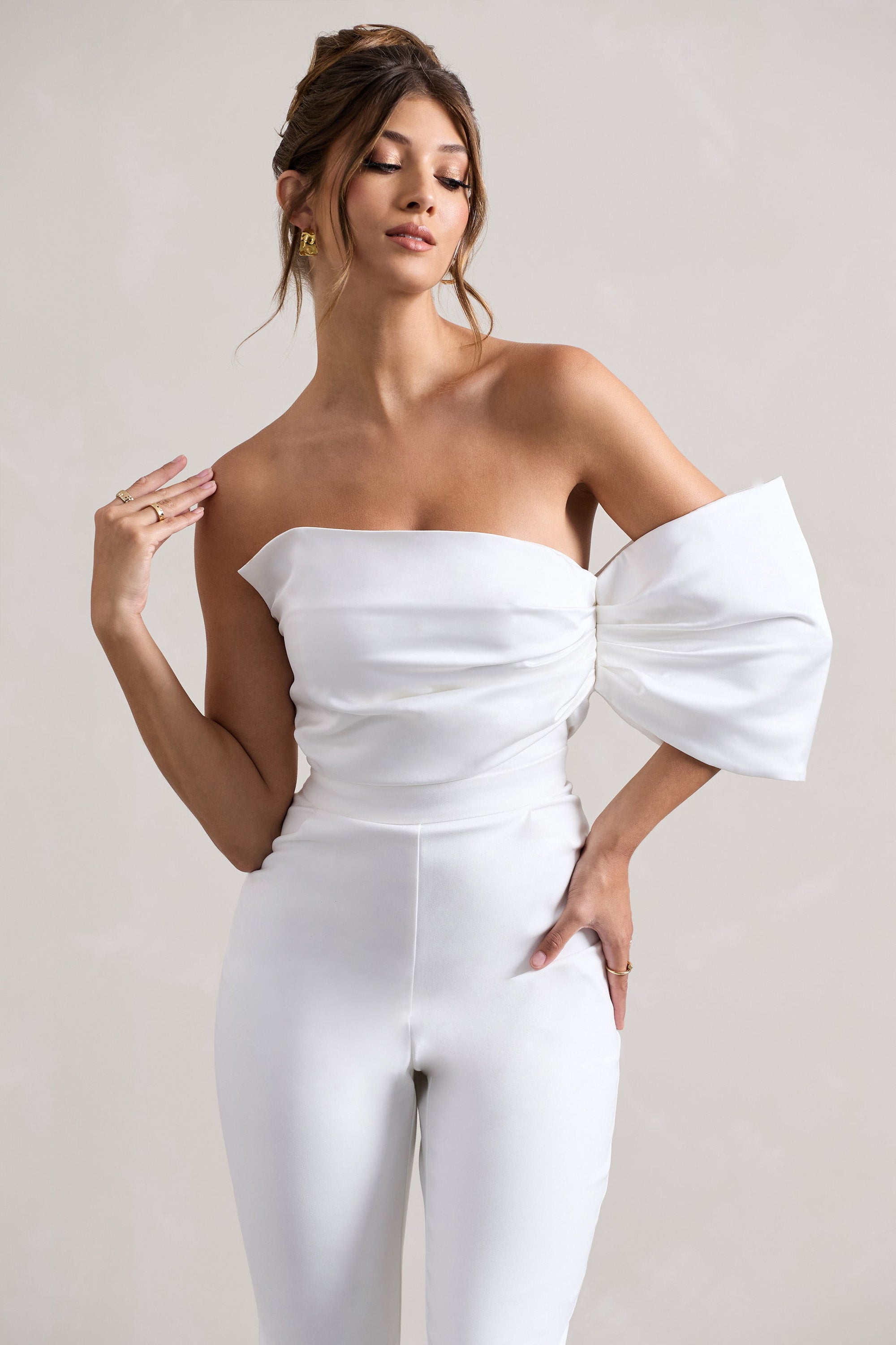 Adabella | White Satin Strapless One-Sleeve Straight-Leg Jumpsuit - Club L London - USA