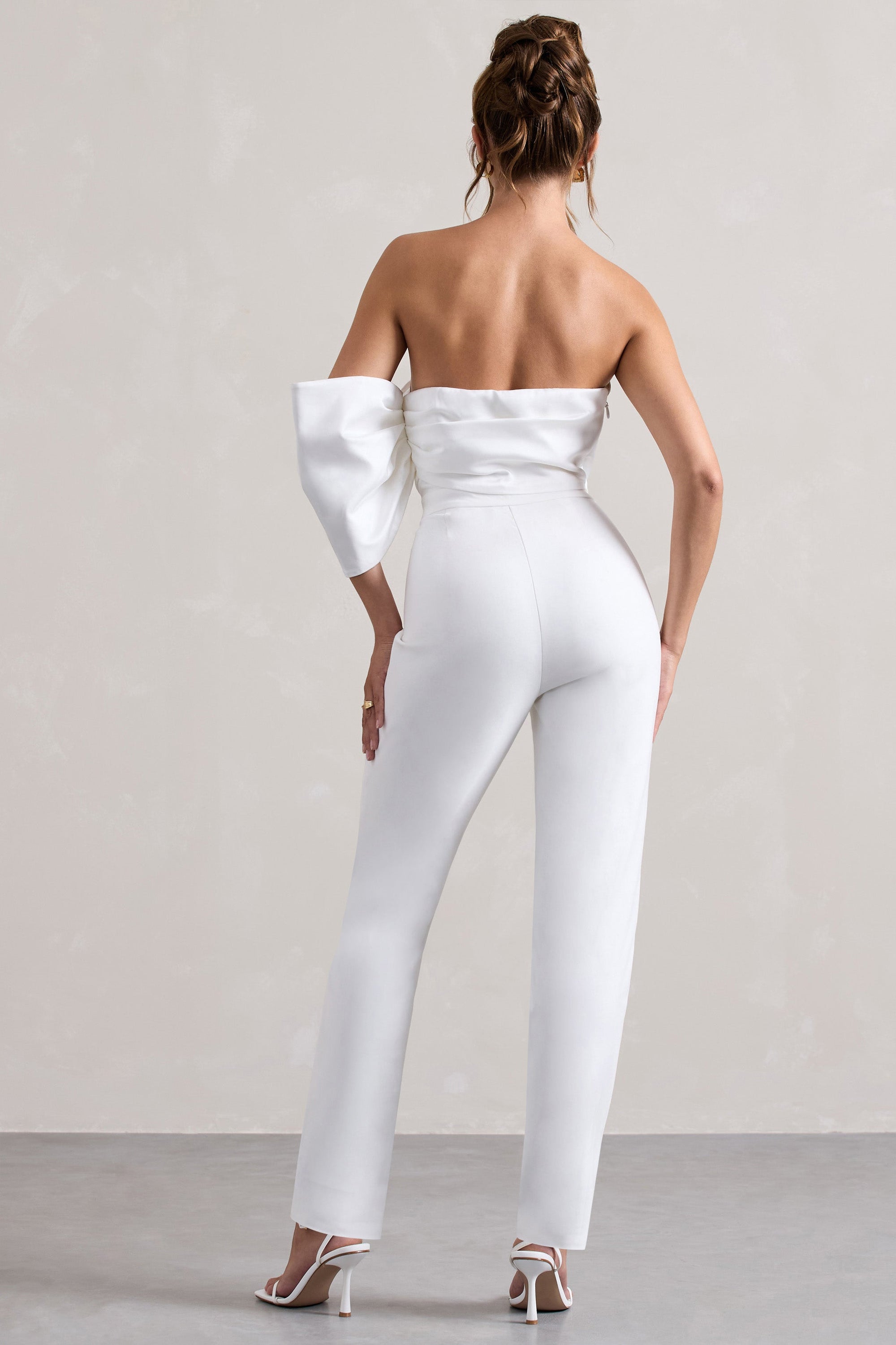 Adabella | White Satin Strapless One-Sleeve Straight-Leg Jumpsuit - Club L London - USA